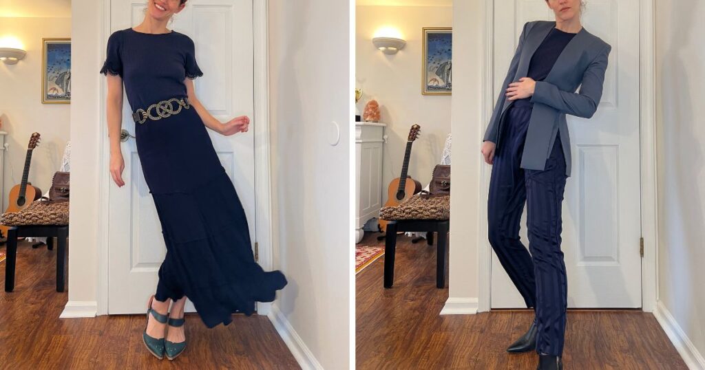 what to wear with navy blue pants female