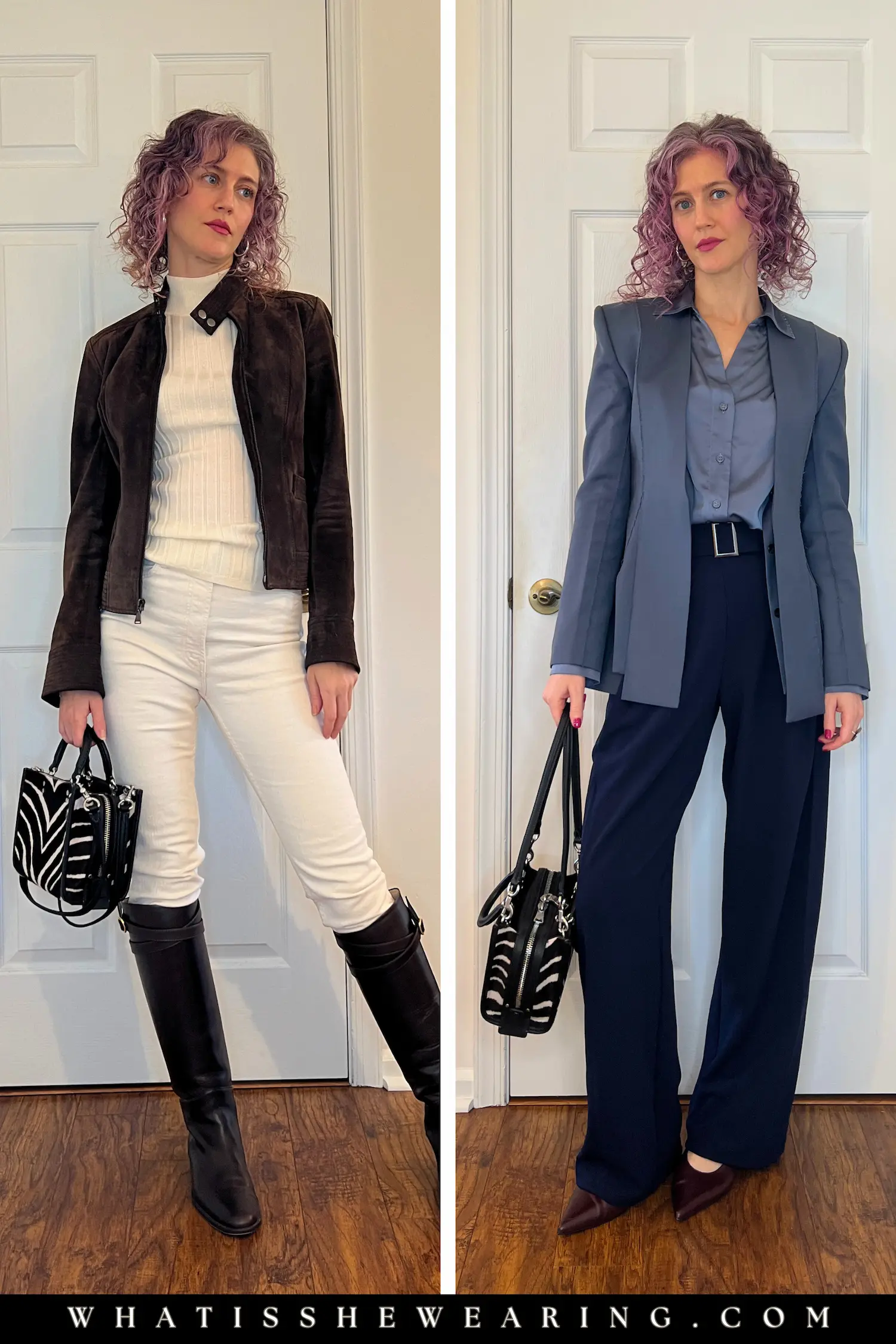 Woman styling a zebra print Coach bag, a wardrobe timeless essential, with two timeless outfits for bold elegance.
