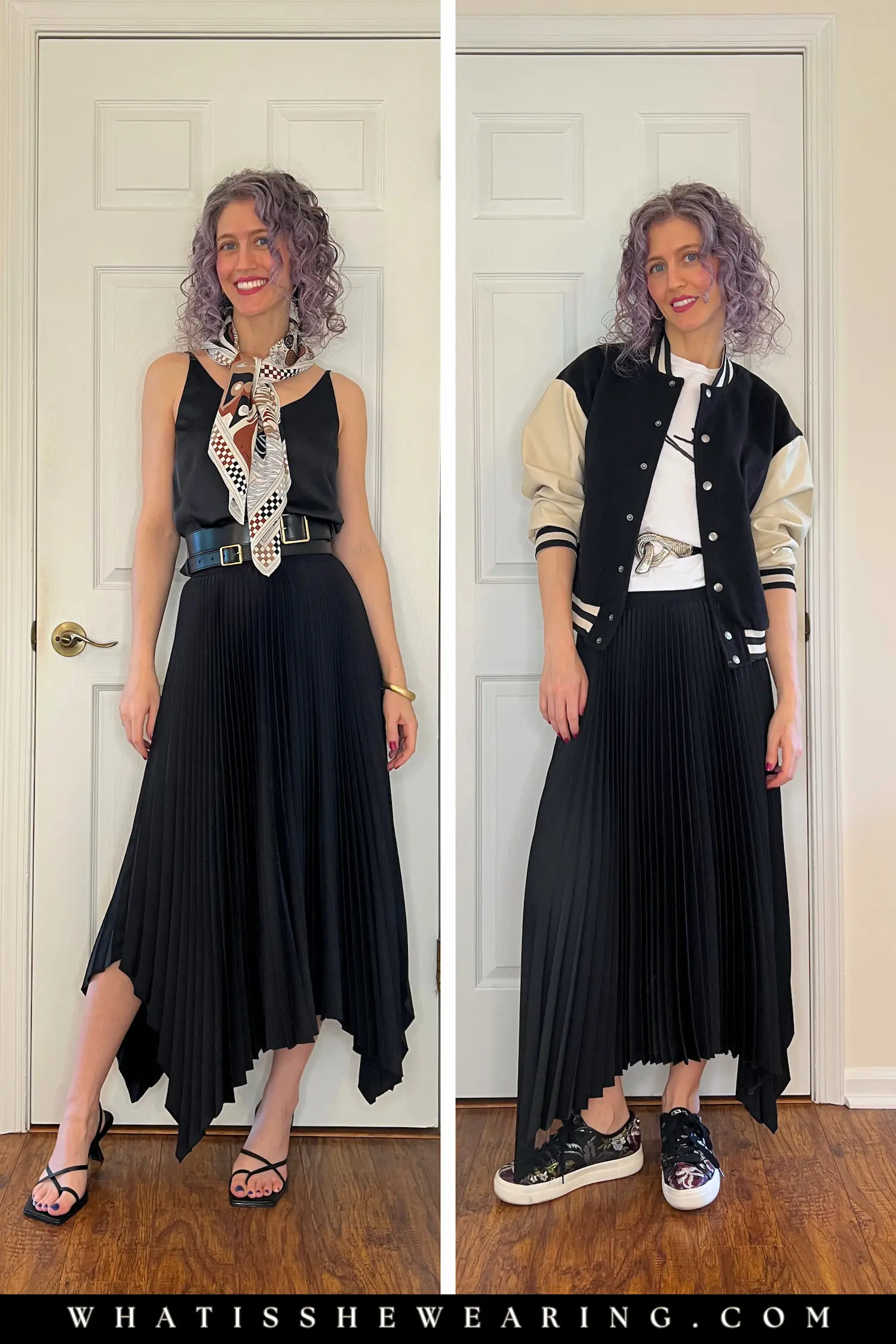 Woman in a black pleated Joseph midi skirt, a wardrobe timeless essential, styled for classy and casual timeless outfits.