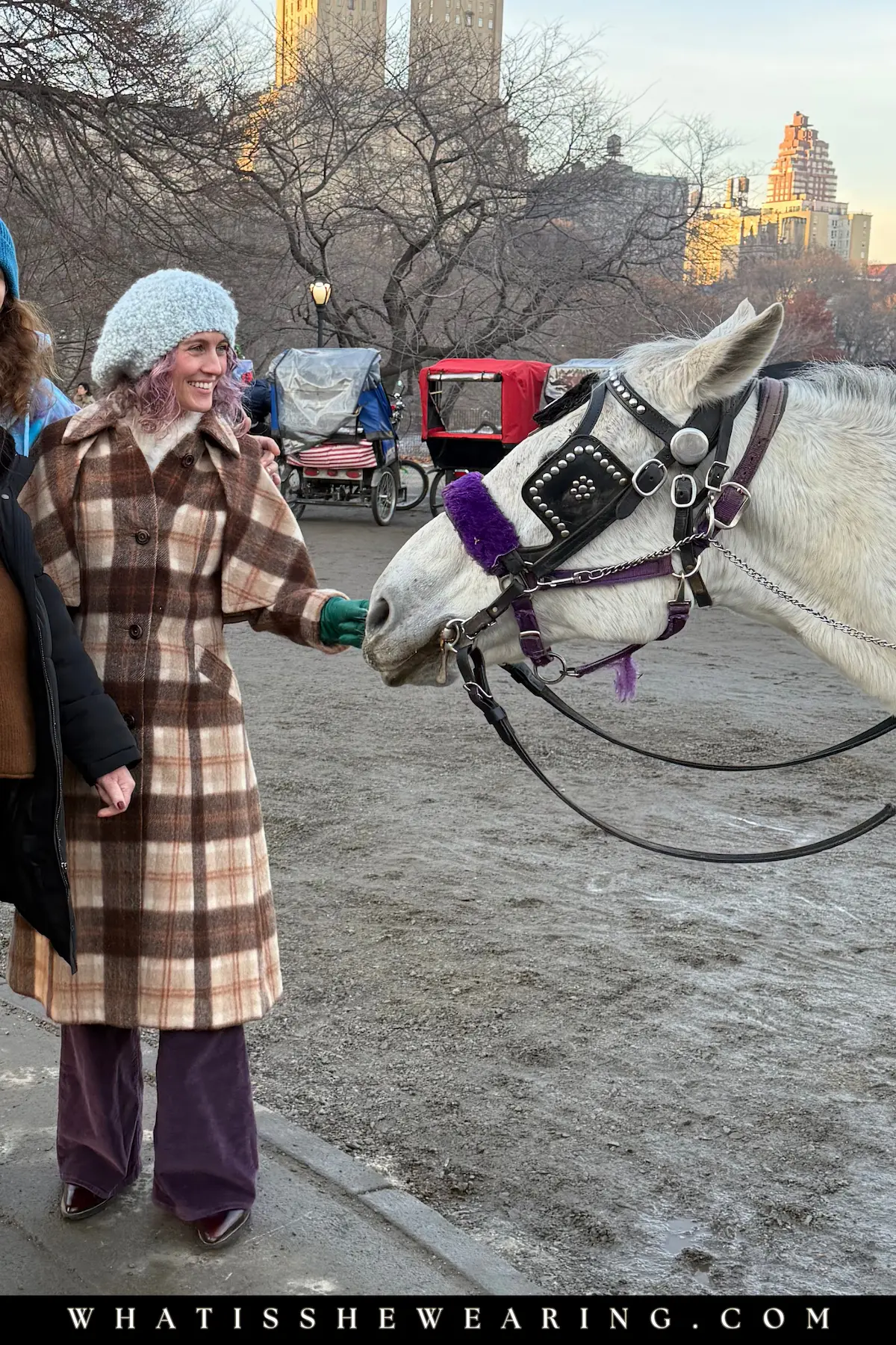 Woman in a timeless winter outfit with a plaid statement coat, a wardrobe timeless essential, in New York City.