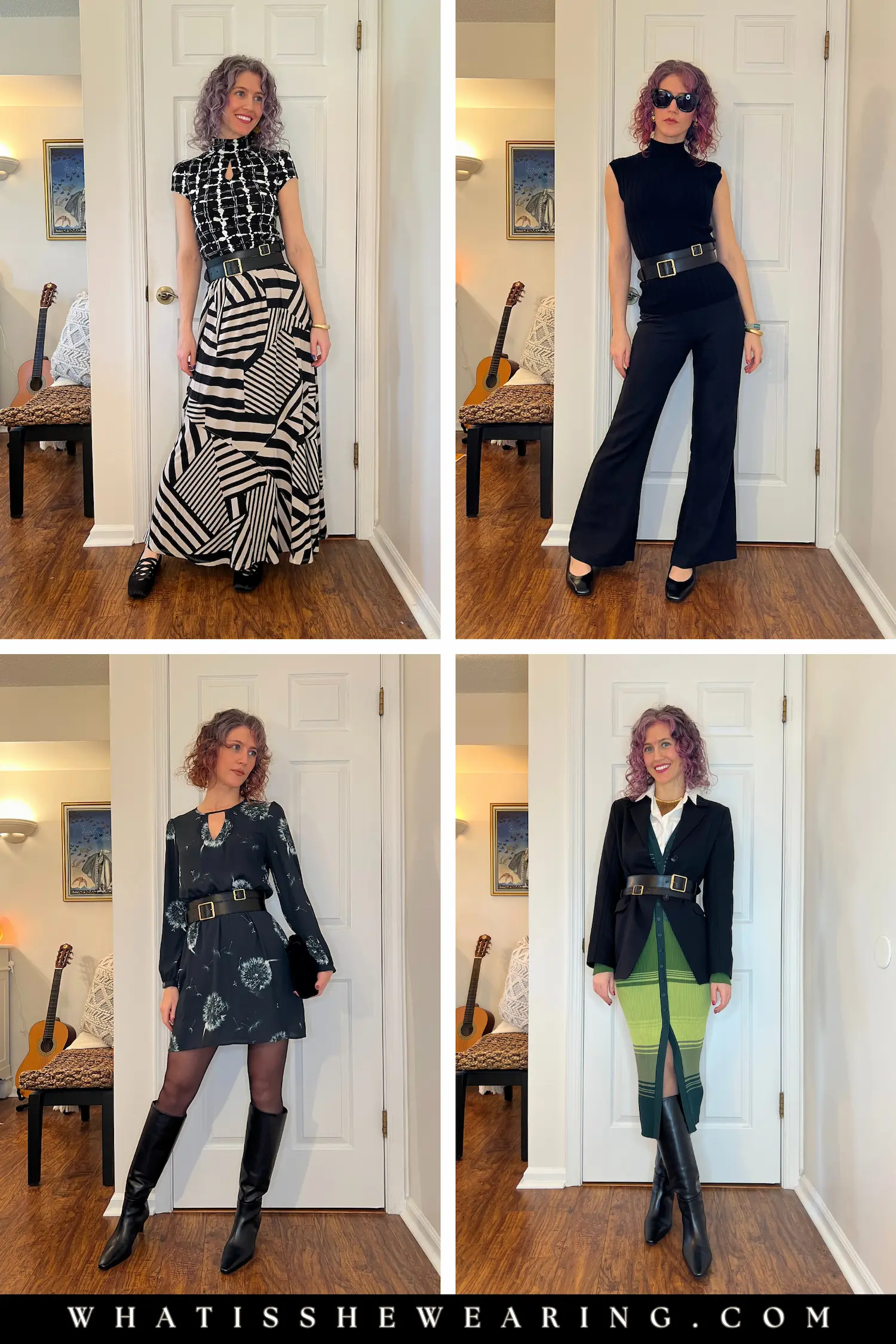 Woman styling a black leather double buckle belt, a timeless wardrobe essential, with four chic outfits.