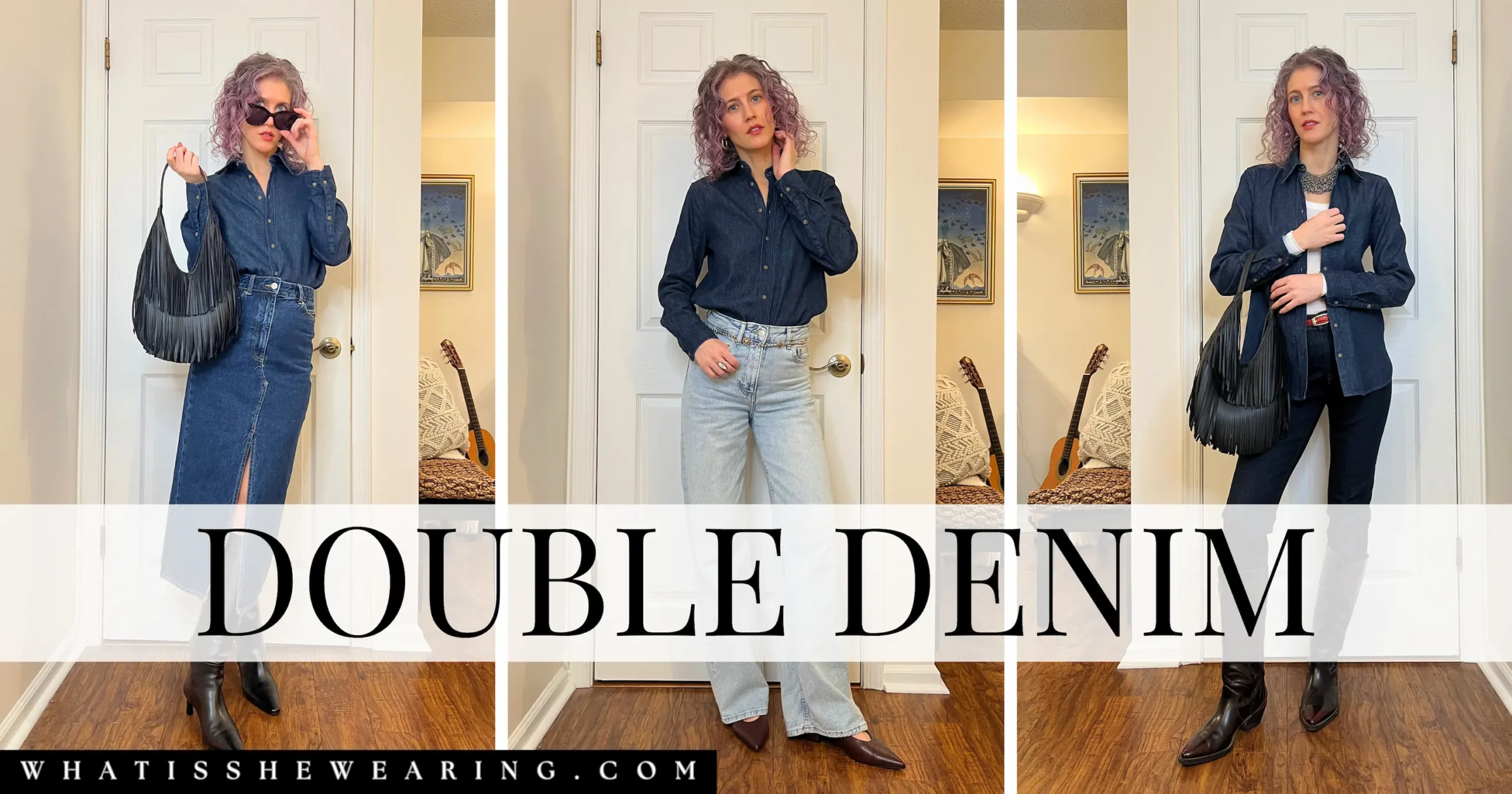 Three photos of double denim outfits styled with different clothes from my closet with the title, "Double Denim".