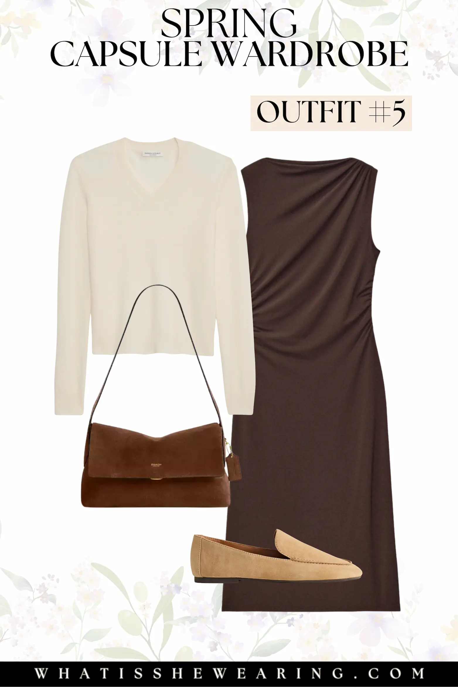 Spring Capsule Wardrobe: Outfit #5 A spring capsule wardrobe outfit flat lay with a brown sleeveless midi dress, ivory cashmere sweater, a suede shoulder bag, and beige suede loafers.