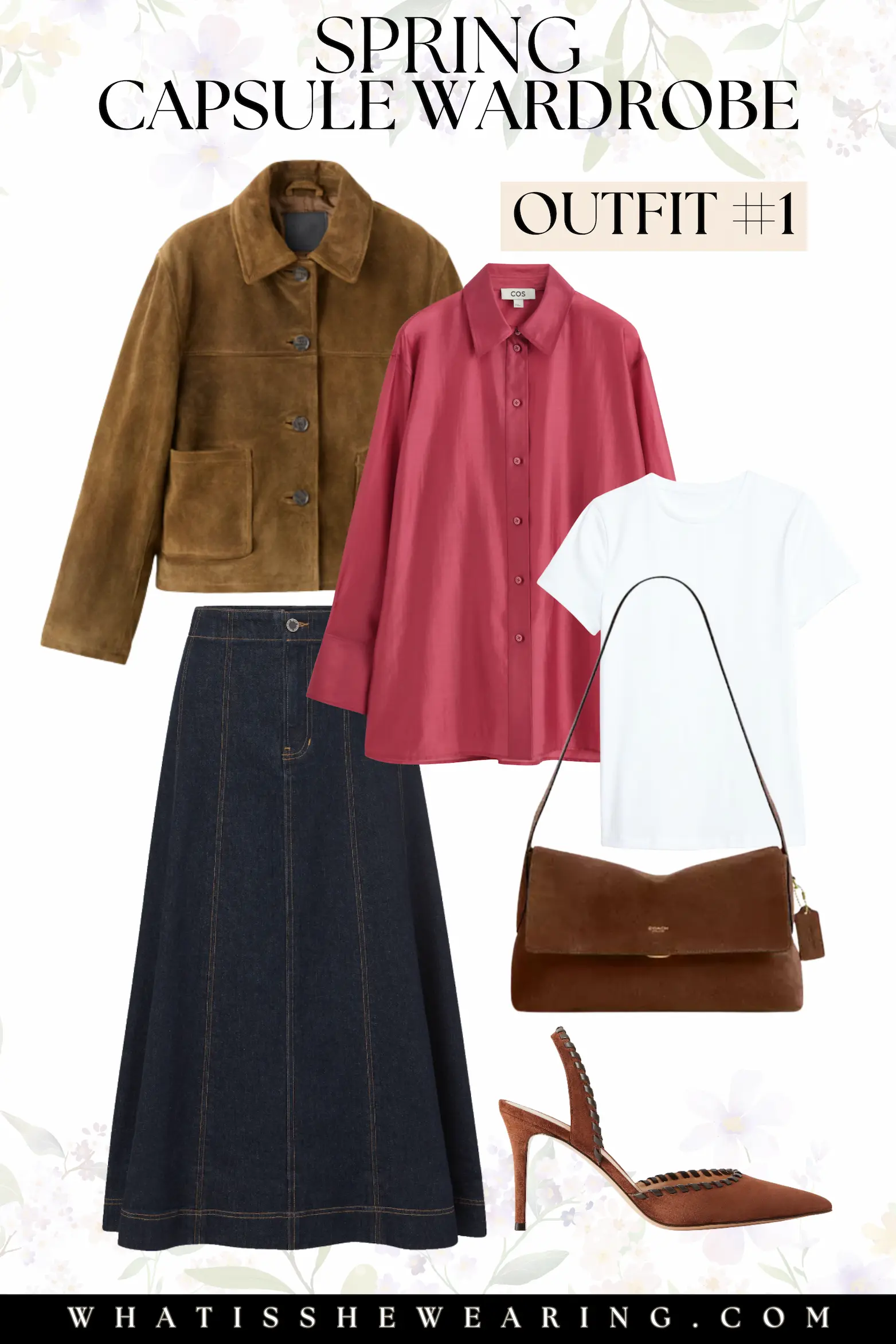 Spring Capsule Wardrobe: Outfit #1 A Parisian chic outfit featuring spring capsule pieces: suede jacket, collared shirt, ribbed white tee, denim midi skirt, suede shoulder bag, and slingback pumps.