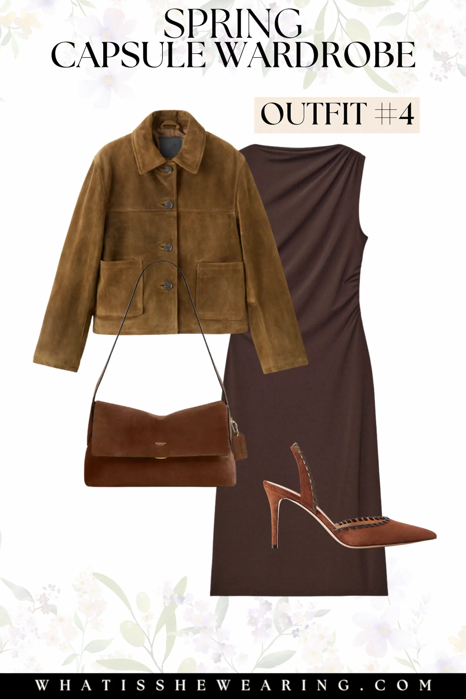 Spring Capsule Wardrobe: Outfit #4 A chic spring capsule wardrobe outfit for date night with a cropped suede jacket, chocolate brown ruched midi dress, slingback pumps, and a matching shoulder bag.