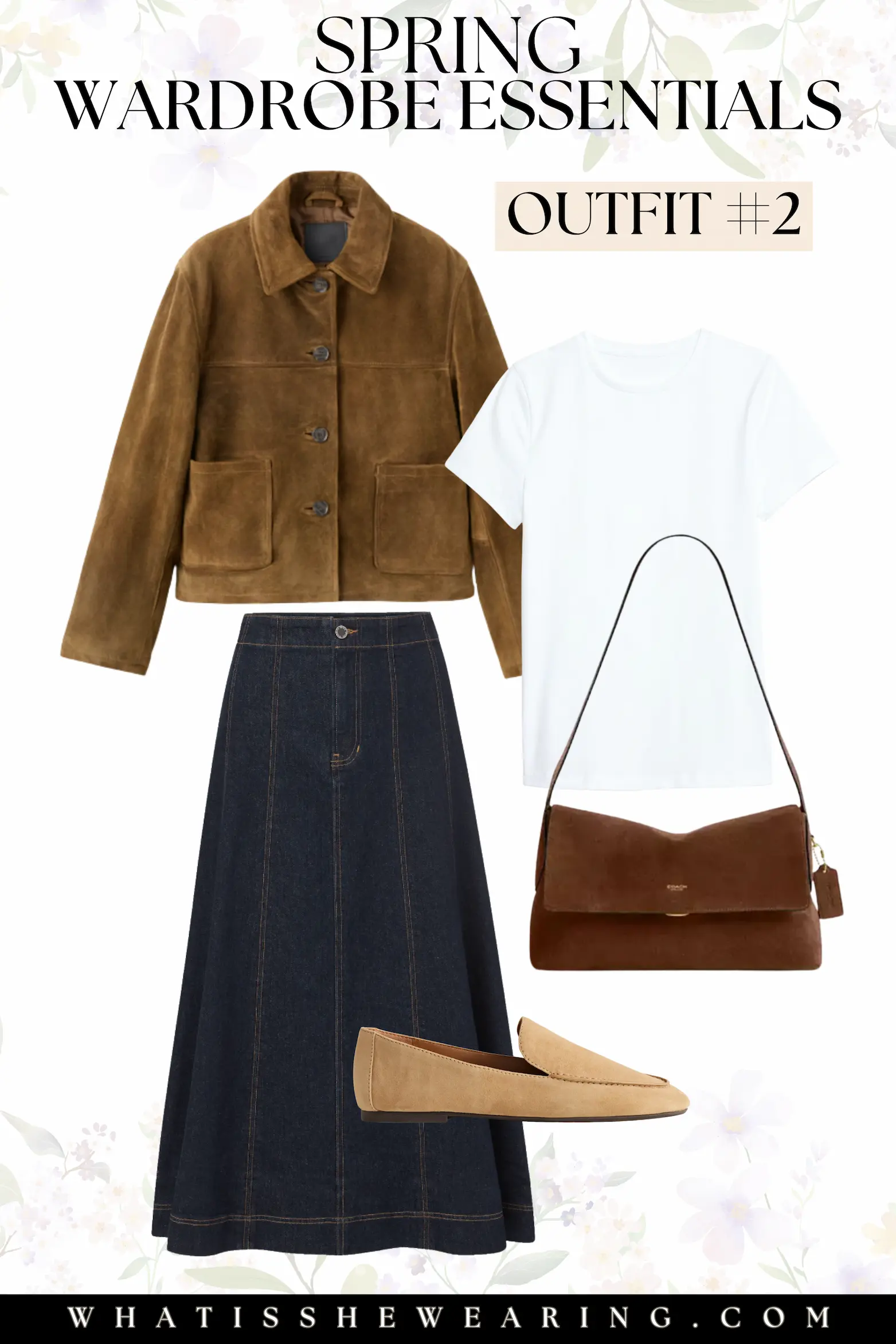 Spring Capsule Wardrobe: Outfit #2 A casual chic spring outfit featuring a Parisian capsule wardrobe items including a suede jacket, ribbed white tee, denim midi skirt, suede loafers, and a slouchy shoulder bag.