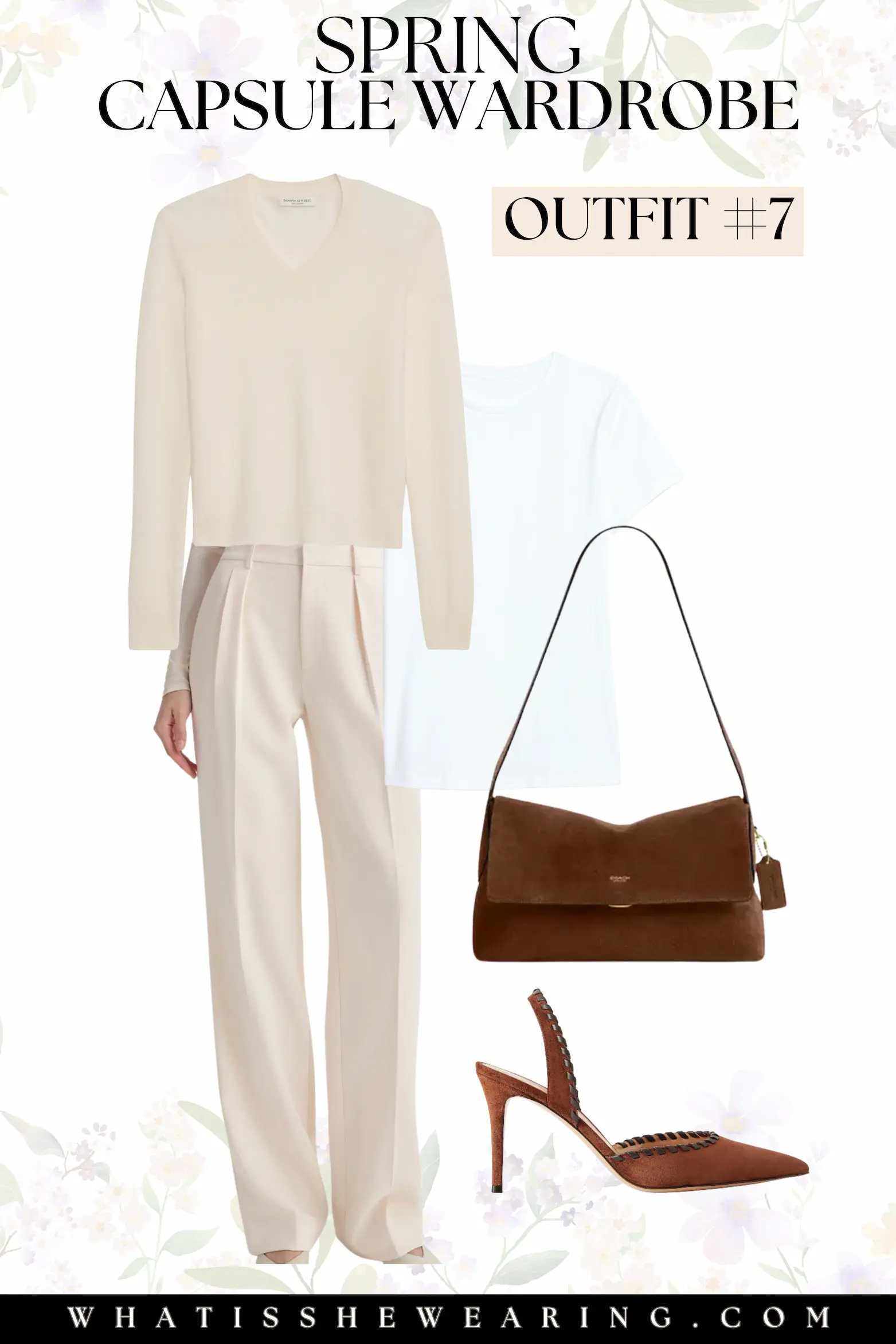 Spring Capsule Wardrobe: Outfit #7 A chic spring outfit with Parisian chic vibes featuring wardrobe staples like a cream cashmere v-neck, cream pleated trousers, a white layering t-shirt, a brown suede shoulder bag, and suede slingback heels.