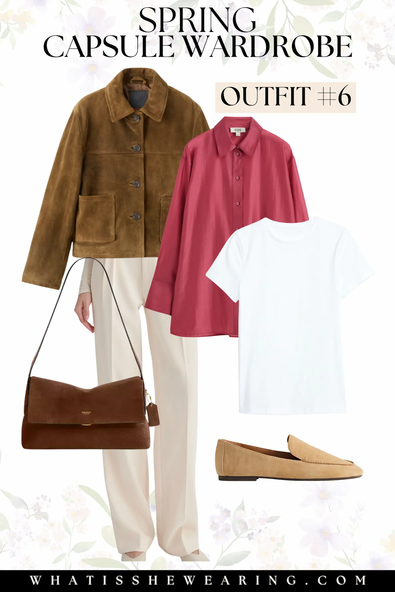 Spring Capsule Wardrobe: Outfit #6 A stylish spring work outfit featuring French chic capsule such as a suede jacket, red button down shirt, layering tee, cream trousers, suede loafers, and a slouchy shoulder bag.