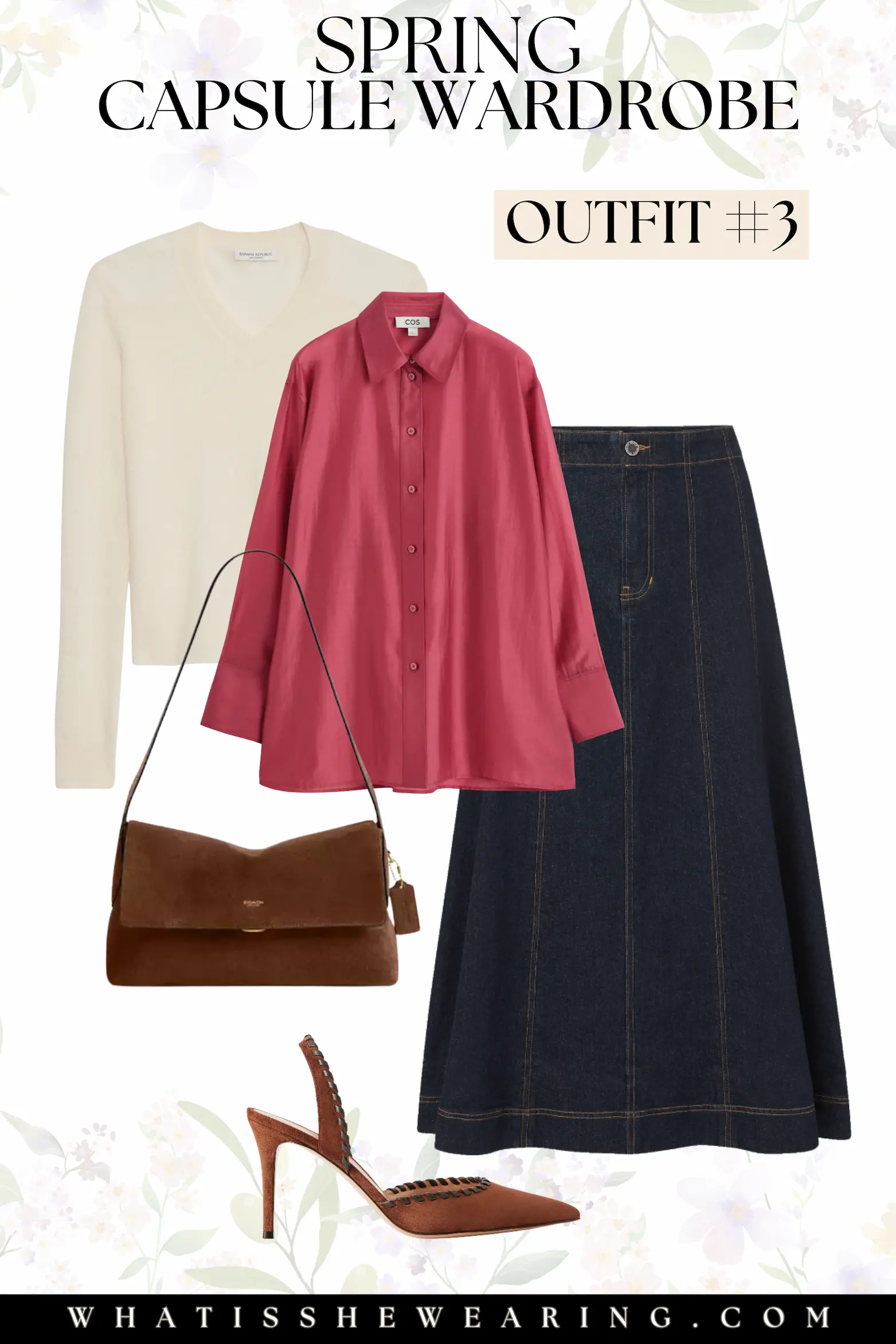 Spring Capsule Wardrobe: Outfit #3 Flay lay spring outfit with wardrobe staples such as an ivory cashmere sweater, pink collared shirt, denim midi skirt, suede shoulder bag, and slingback pumps.