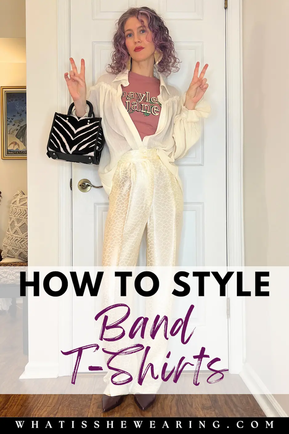 Woman wearing a boho chic band tee outfit with the text overlay: How To Style Band T-Shirts