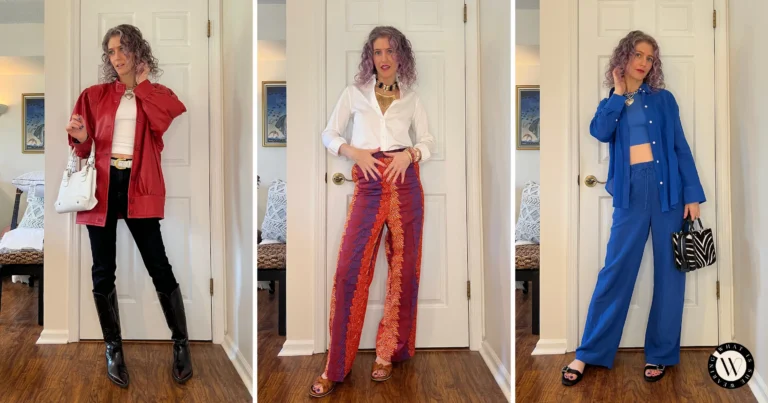 Woman modeling three, chic outfit formulas.