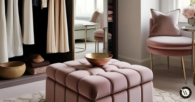 A chic wardrobe room with stylish essentials and organization items.