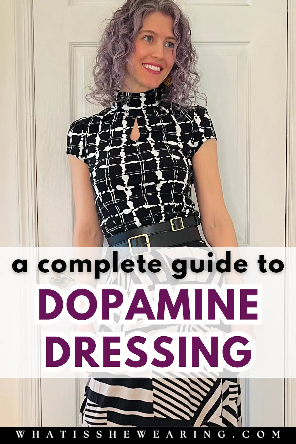 Woman modeling a dopamine dressing outfit with mixed patterns with text "a complete guide to dopamine dressing".