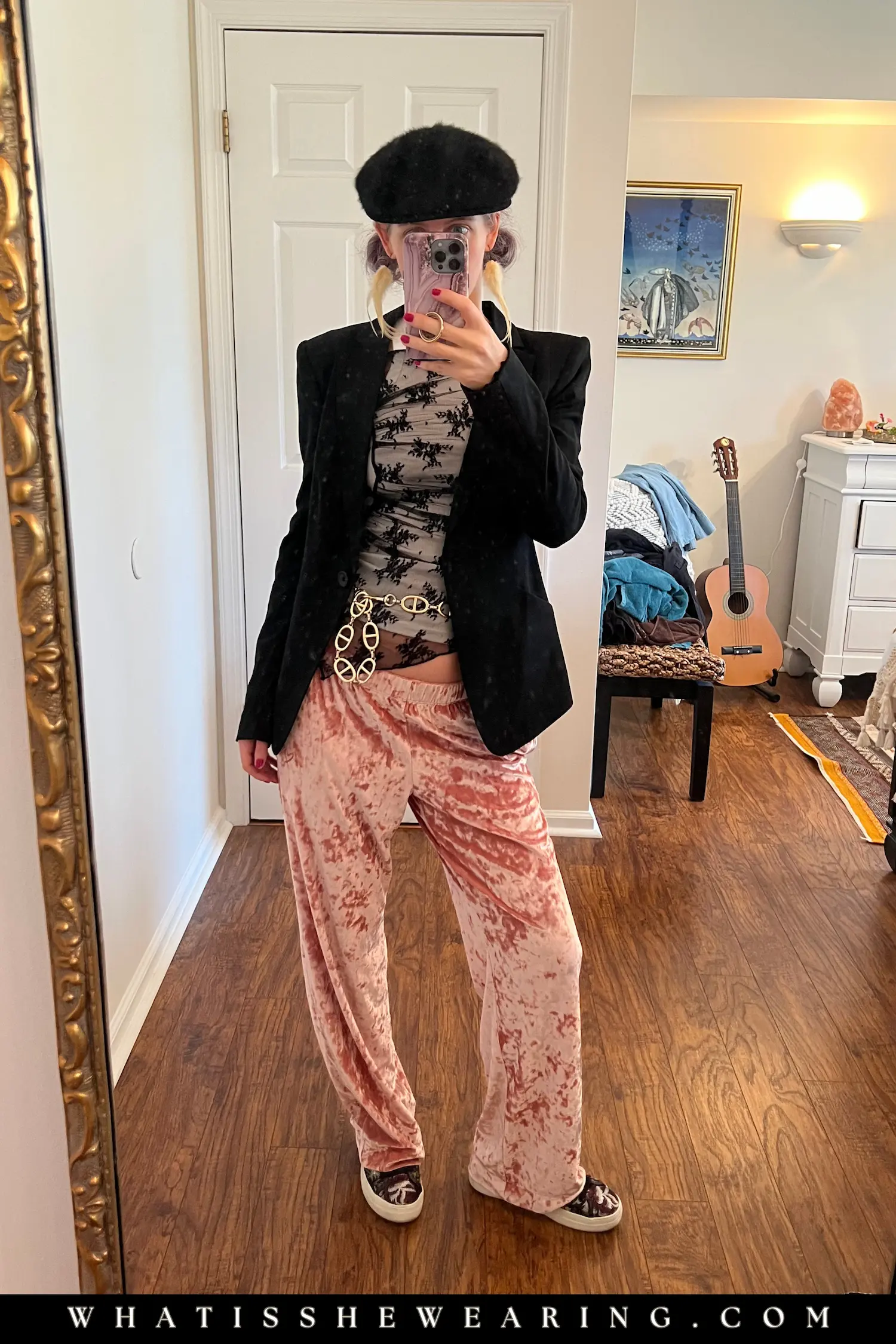 Dopamine dressing casual eclectic outfit featuring a black blazer with slashed back, asymmetrical lace top, white tank, velvet pajama pants, gold chain belt, and platform sneakers.