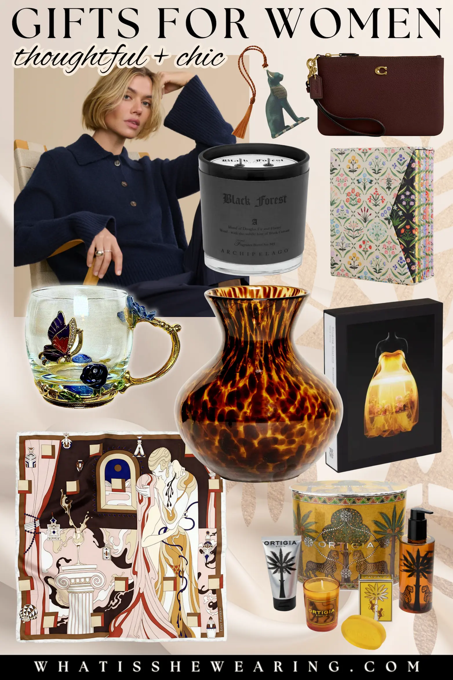 10 Chic Holiday Gifts for Women Flat lay collage of 10 stylish holiday gifts for women in 2025, including scarves, candles, and jewelry arranged in a trendy fashion aesthetic.