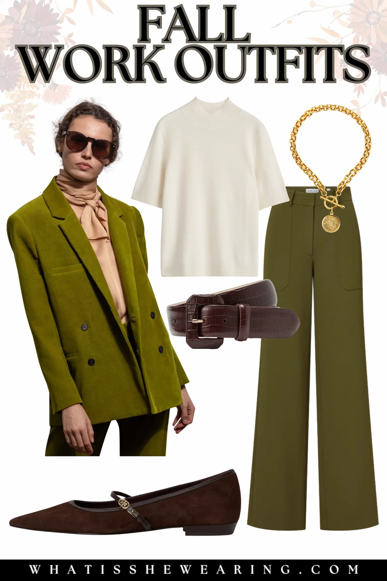 Stylish Fall Business Casual Outfit with Blazer and Pleated Trousers Autumn office wear featuring an olive green fall blazer, knit top, wide-leg trousers, and chocolate brown ballet flats.