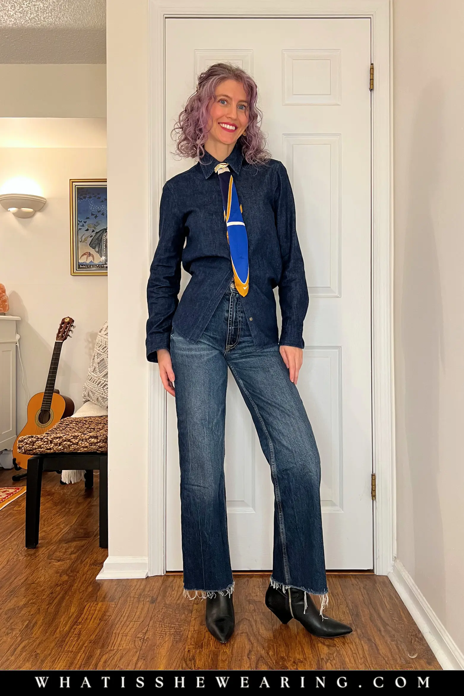 La Garçonne Double Denim Casual Look Ways to style a silk scarf: La Garçonne neck tie full outfit with double denim jeans