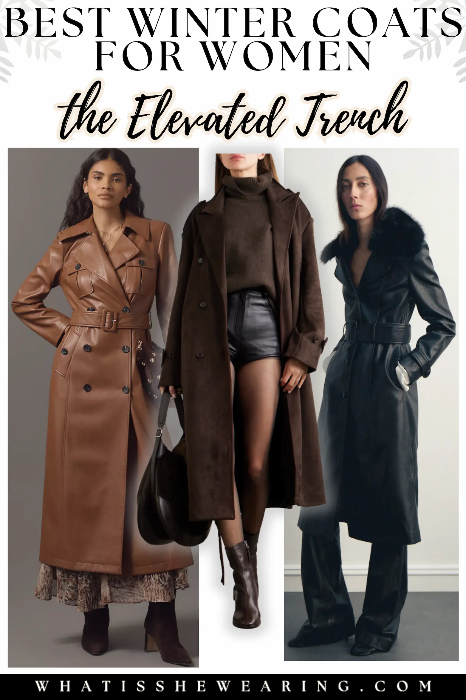 Three elevated trench winter coats for women in leather and faux suede, styled in a flat lay for edgy chic.