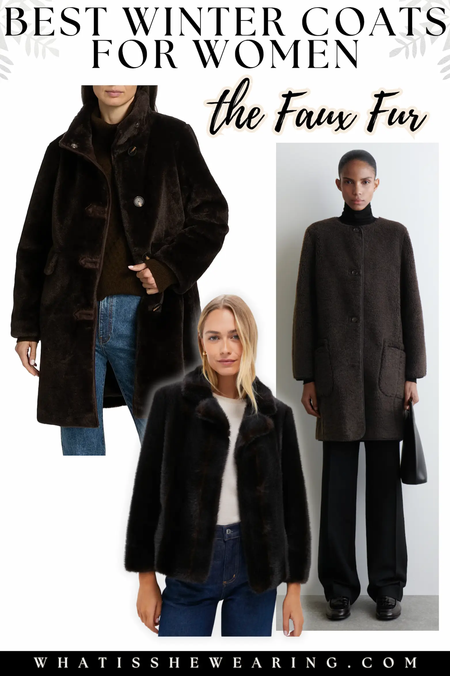 Three faux fur winter coats for women in plush textures, styled in a flat lay with soft lighting for a luxurious feel.