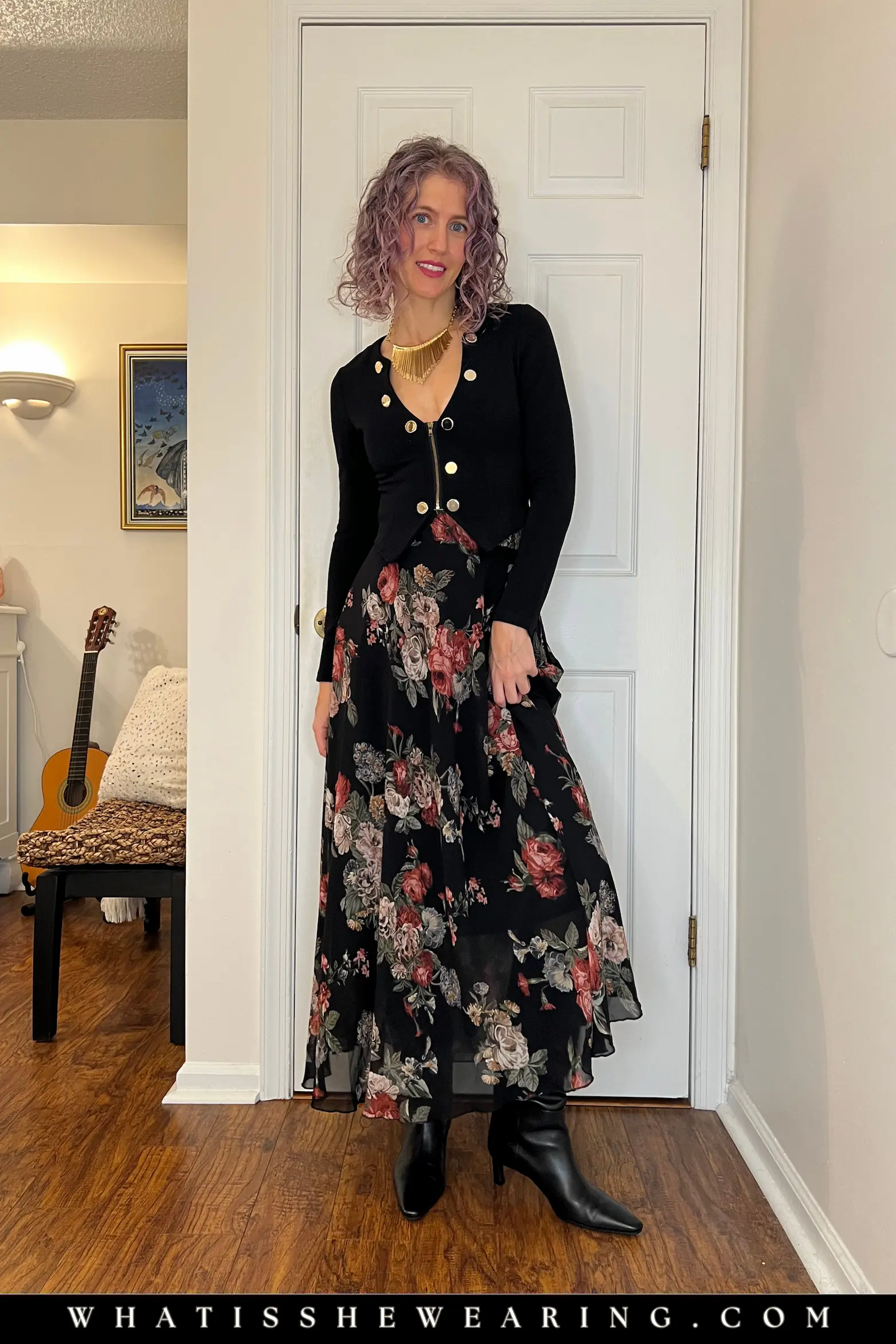 Flirty Top Floral Skirt Holiday Style Romantic whimsical winter bloom in flirty black gold-button top and dark floral chiffon maxi skirt with kitten heel boots for moody holiday outfit ideas.