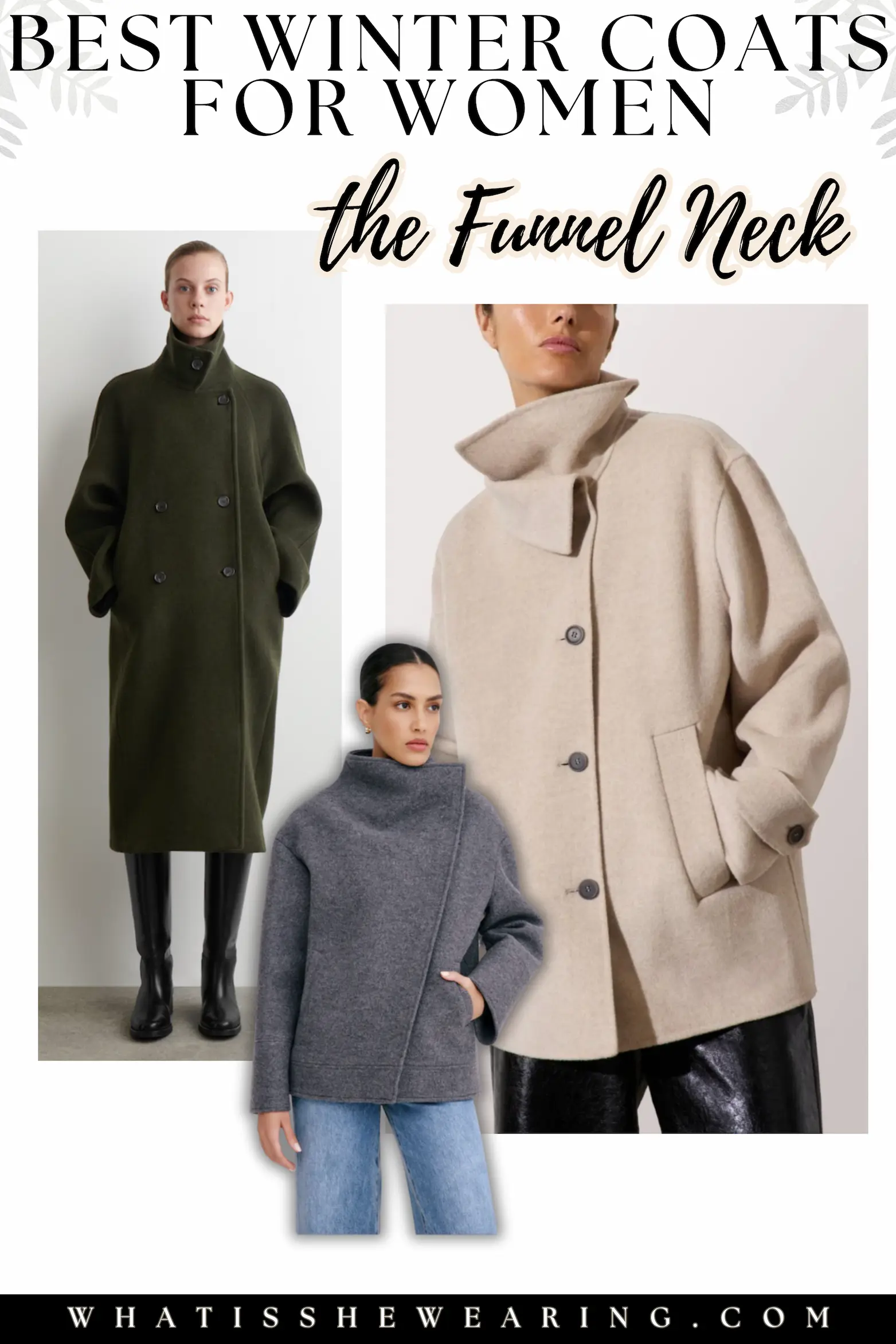 Three funnel neck winter coats for women in wool blends, styled in a flat lay on a minimalist white background.