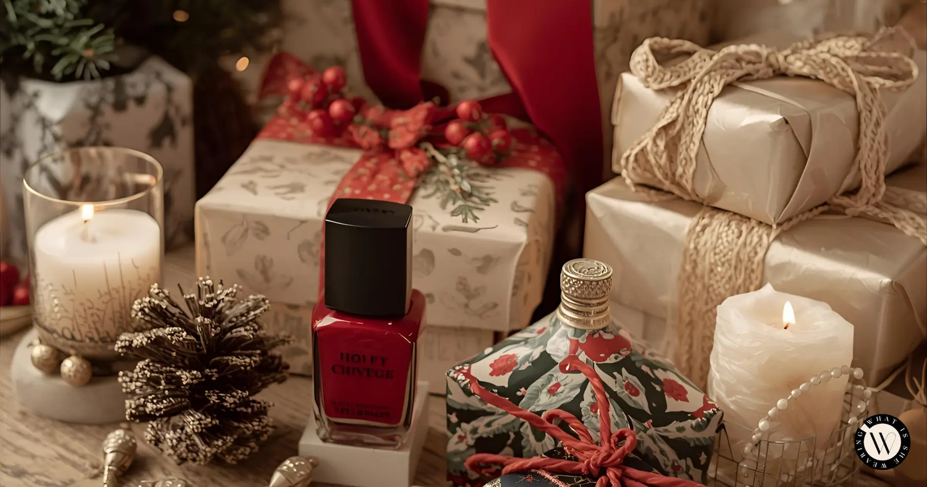 Elegant display of thoughtful holiday gifts for women in 2025, featuring chic fashion accessories and home accents on a festive backdrop.