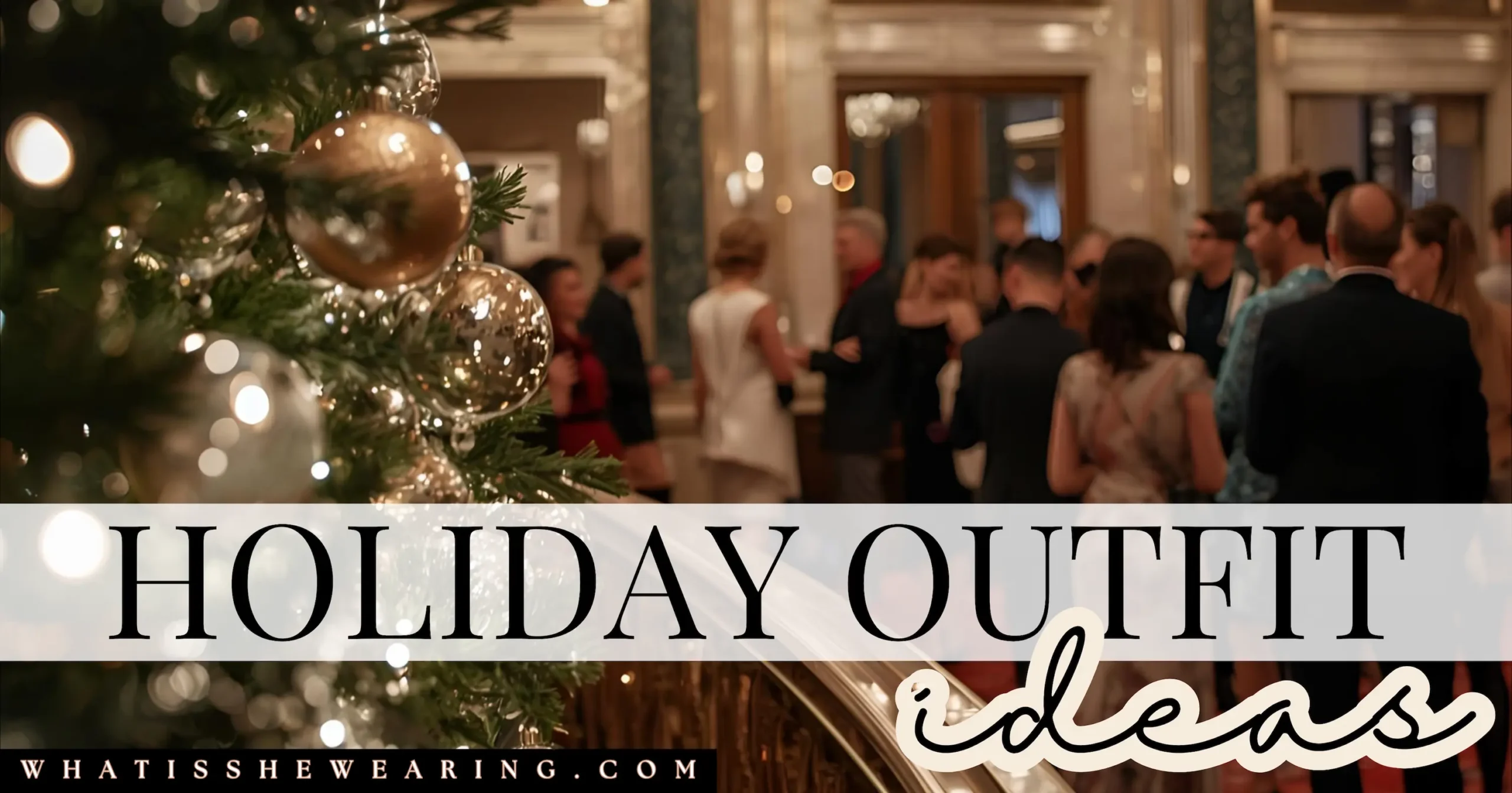 Festive Holiday Party Outfit Ideas Vibrant holiday party scene with twinkling lights and guests in chic festive outfits, inspiring effortless holiday outfit ideas for Christmas gatherings.