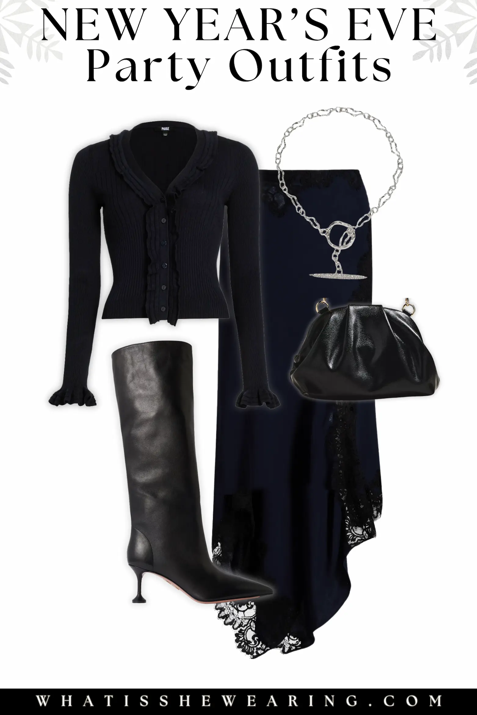 NYE Party Outfit 5: Feminine Chic in Fitted Cardigan and Lace Skirt Flat lay of flirty new year's eve party outfits 2026 with a navy fitted V-neck cardigan, lace-trim slip skirt, black tall boots, crystal link necklace, and black metallic clutch for casual to semi-dressy midnight bashes