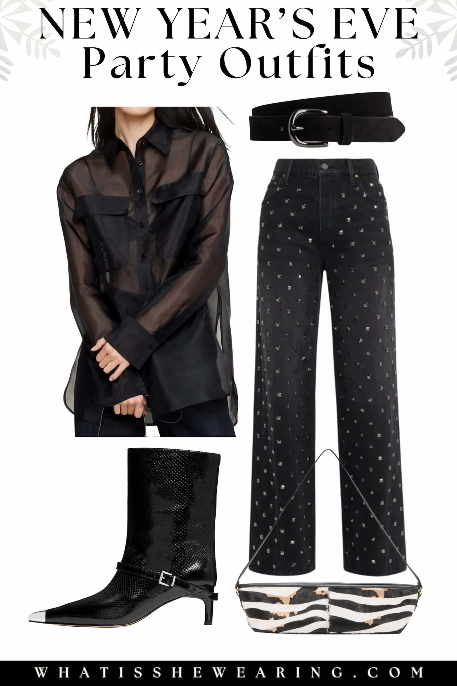 NYE Party Outfit 4: Casual Allure with Sheer Top and Studded Denim Flat lay of trendy new year's eve party outfits 2026 showcasing a sheer organza shirt, studded black jeans, suede belt, black leather ankle boots, and calf hair shoulder bag for bar hopping or laid-back gatherings