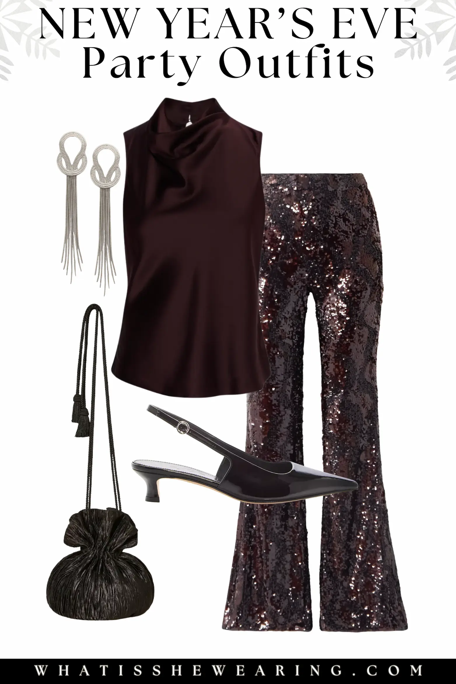 NYE Party Outfit 1: Effortless Opulence in Silk and Sequins Flat lay of chic new year's eve party outfits 2026 featuring a draped silk top, sequin trousers, patent leather slingback pumps, statement earrings, and pleated pouch bag for dancing or dinner