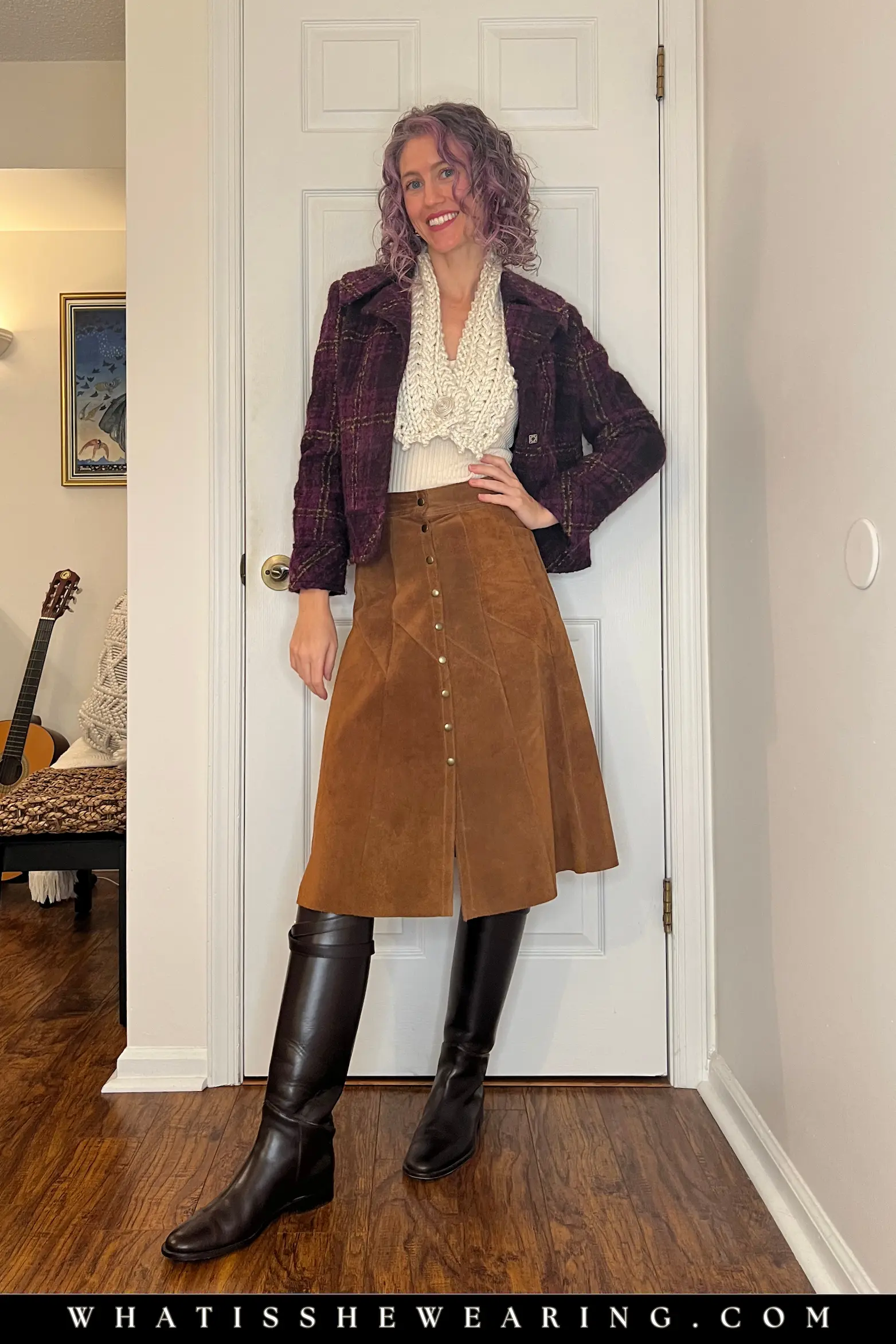 Playful riding boots with skirts: suede midi, knit top, tweed coat, and collar scarf for chic transitional style