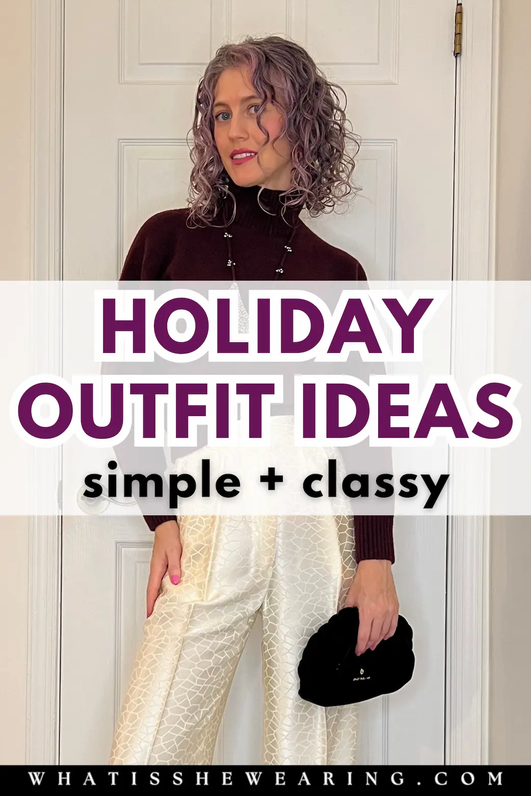 Satin Pants Holiday Outfit Ideas Pin Effortless holiday outfit ideas featuring wide-leg satin pants and cozy sweater, with text overlay "5 Chic Holiday Outfit Ideas" for Pinterest inspo.