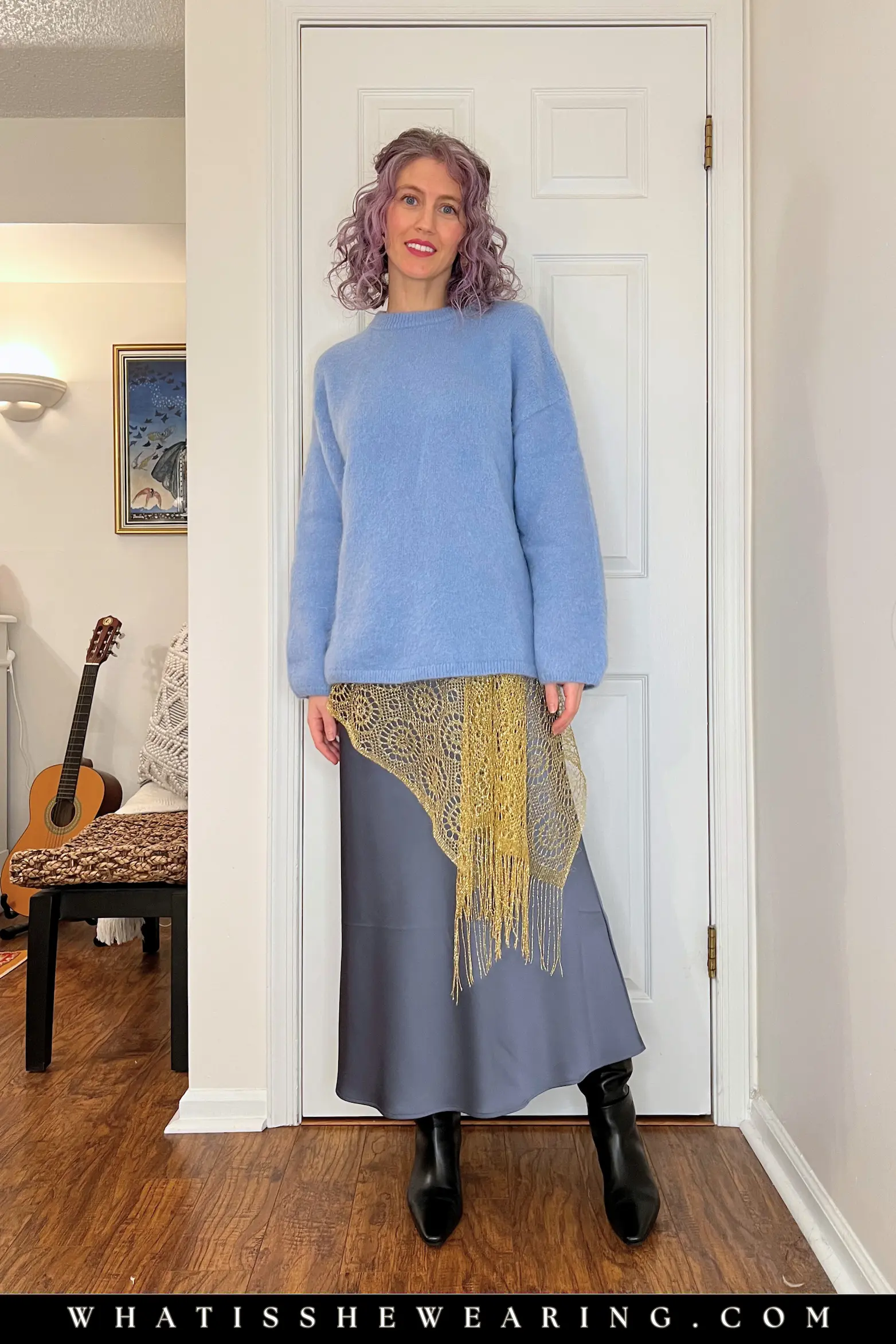 Waist Detailer Winter Skirt Ensemble Ways to wear a silk scarf: waist detailer full outfit with chunky sweater and slip skirt winter look