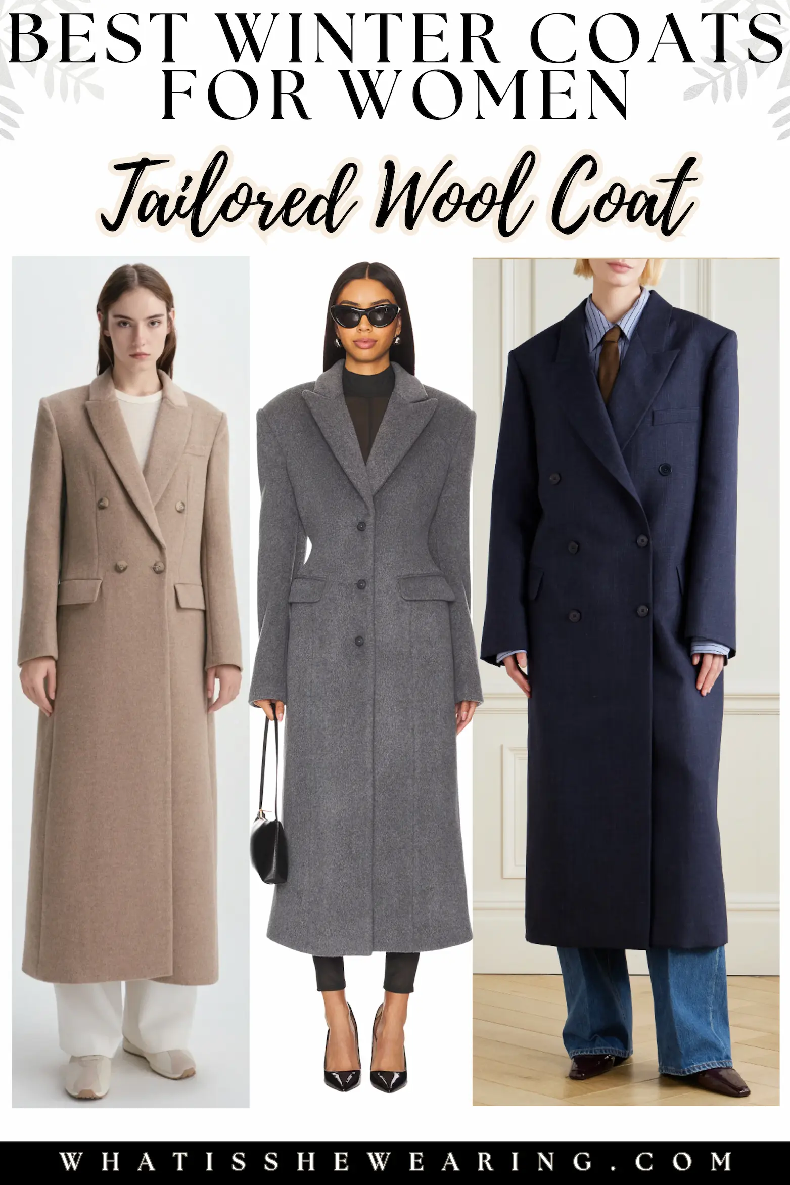 Three tailored wool winter coats for women with cinched waists, styled in a flat lay highlighting wool textures.