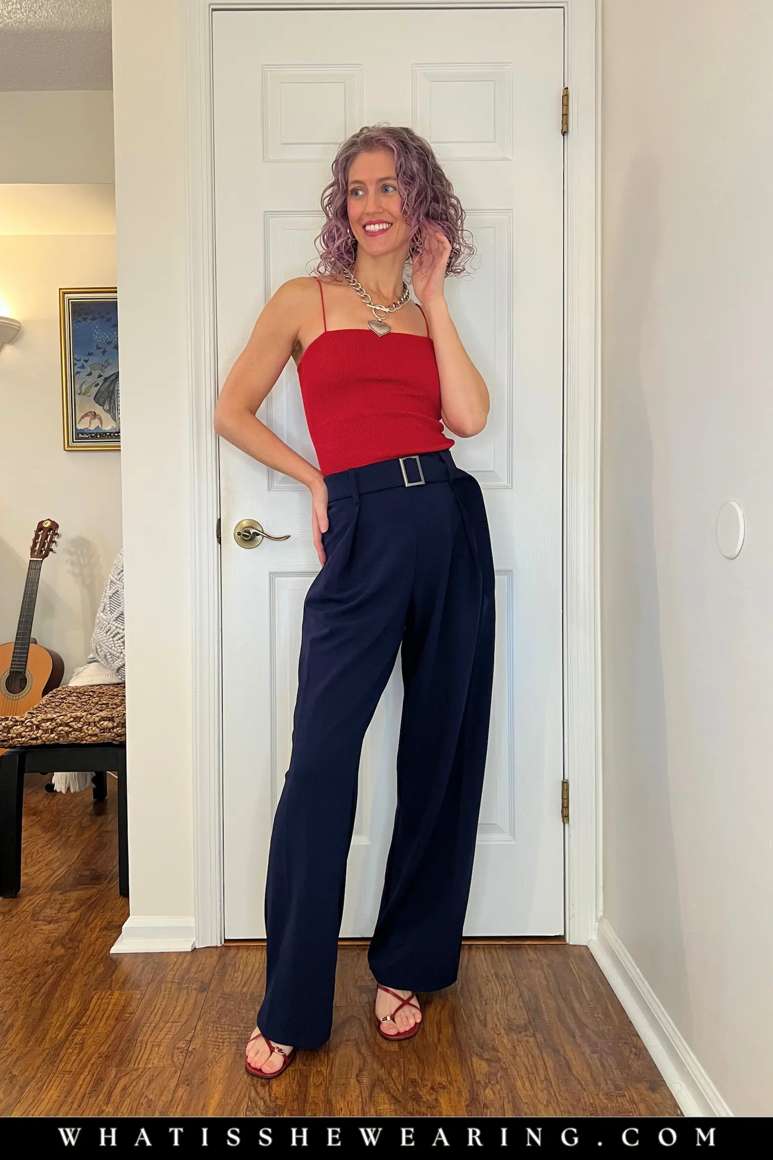 Navy Blue Date Night with Red Bodysuit Woman in navy blue date night look featuring a bold ruby red bodysuit—what to wear with navy blue for passionate power and romantic weekend playfulness.