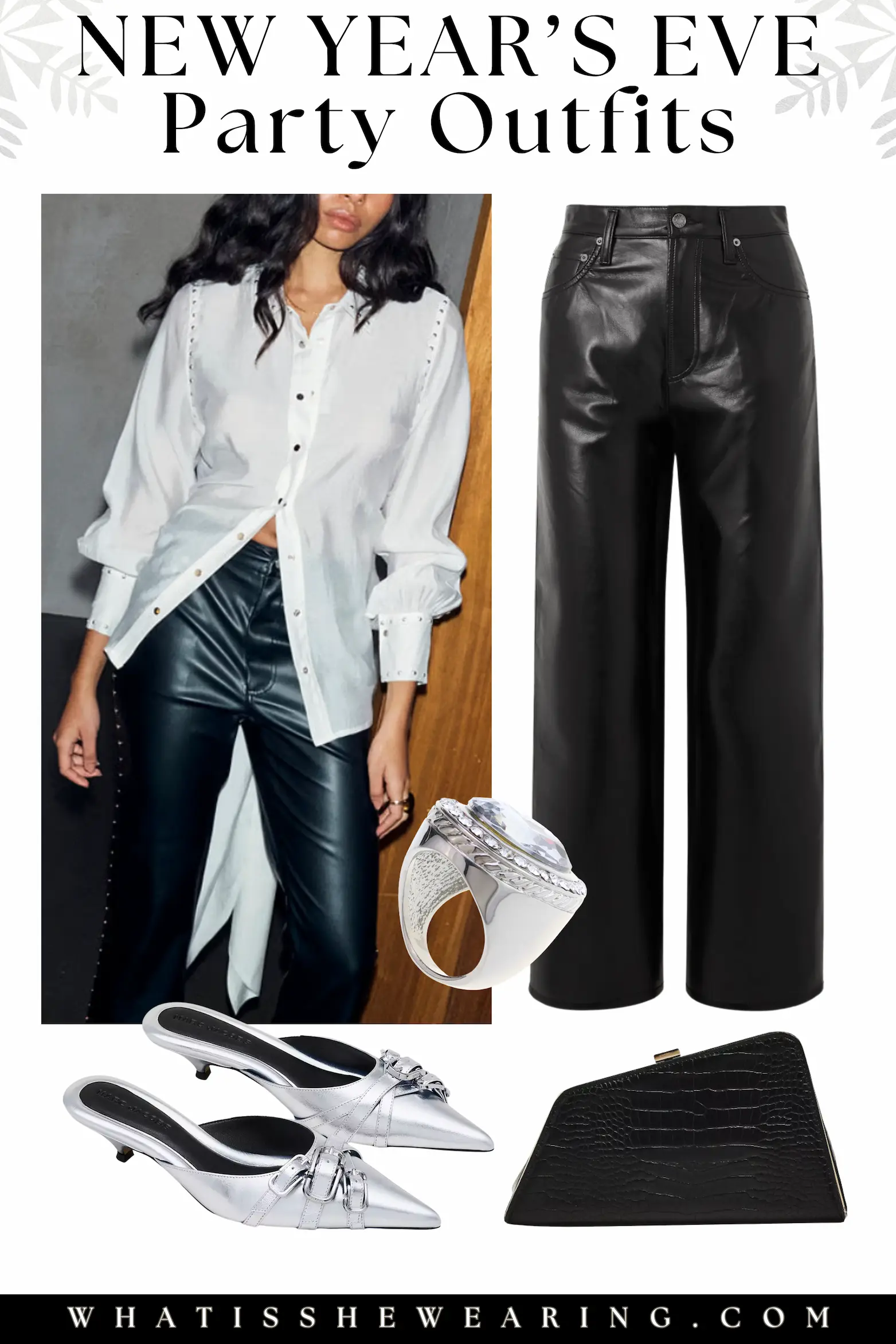 NYE Party Outfit 2: Metallic Edge with Embellished Shirt and Leather Flat lay of edgy new year's eve party outfits 2026 including an embellished button-down shirt, cropped leather pants, silver kitten-heel mules, statement ring, and textured croc clutch for casual dinners or house parties