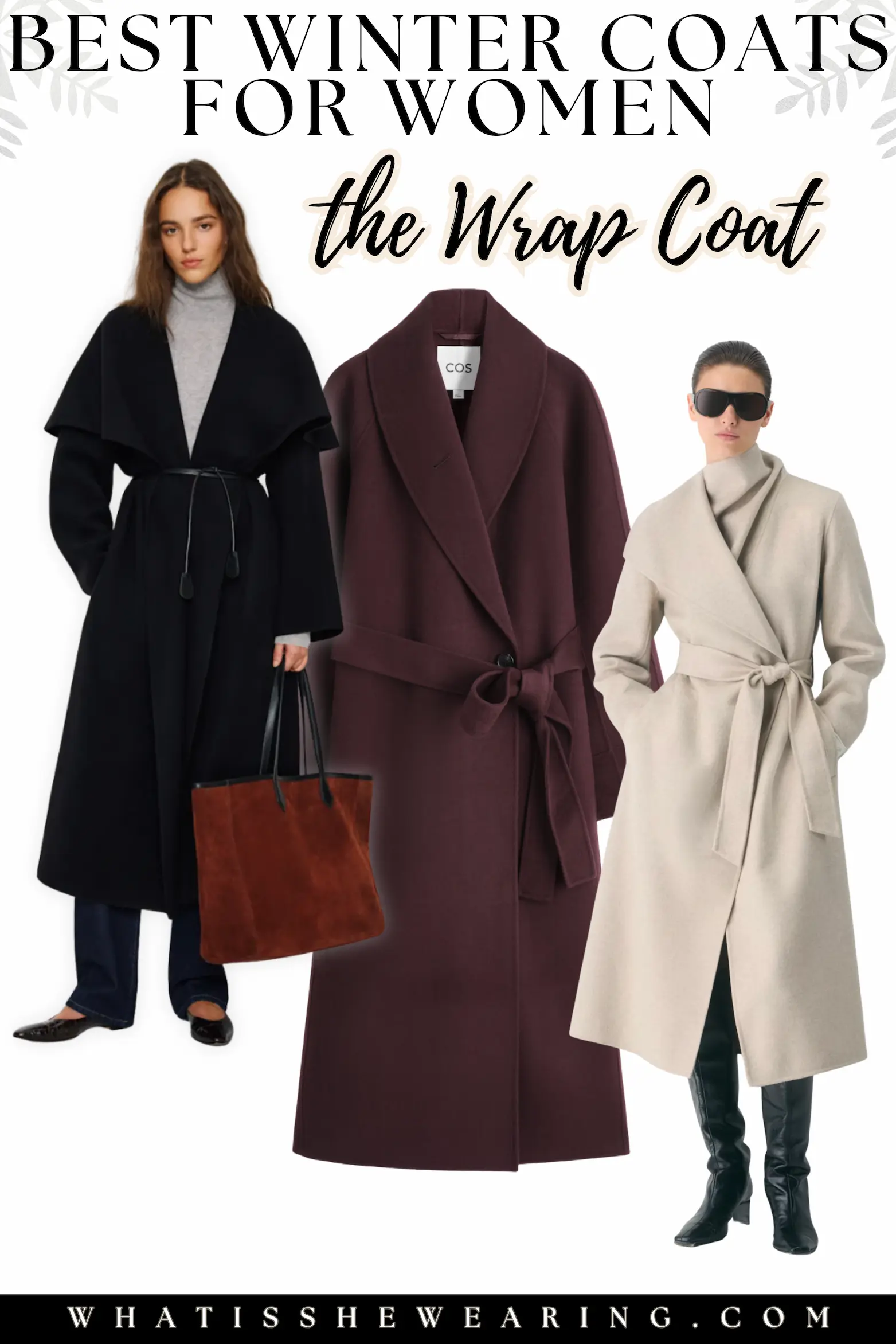 Three wrap winter coats for women in wool-cashmere blends, styled in a flat lay to highlight tie details and drape.