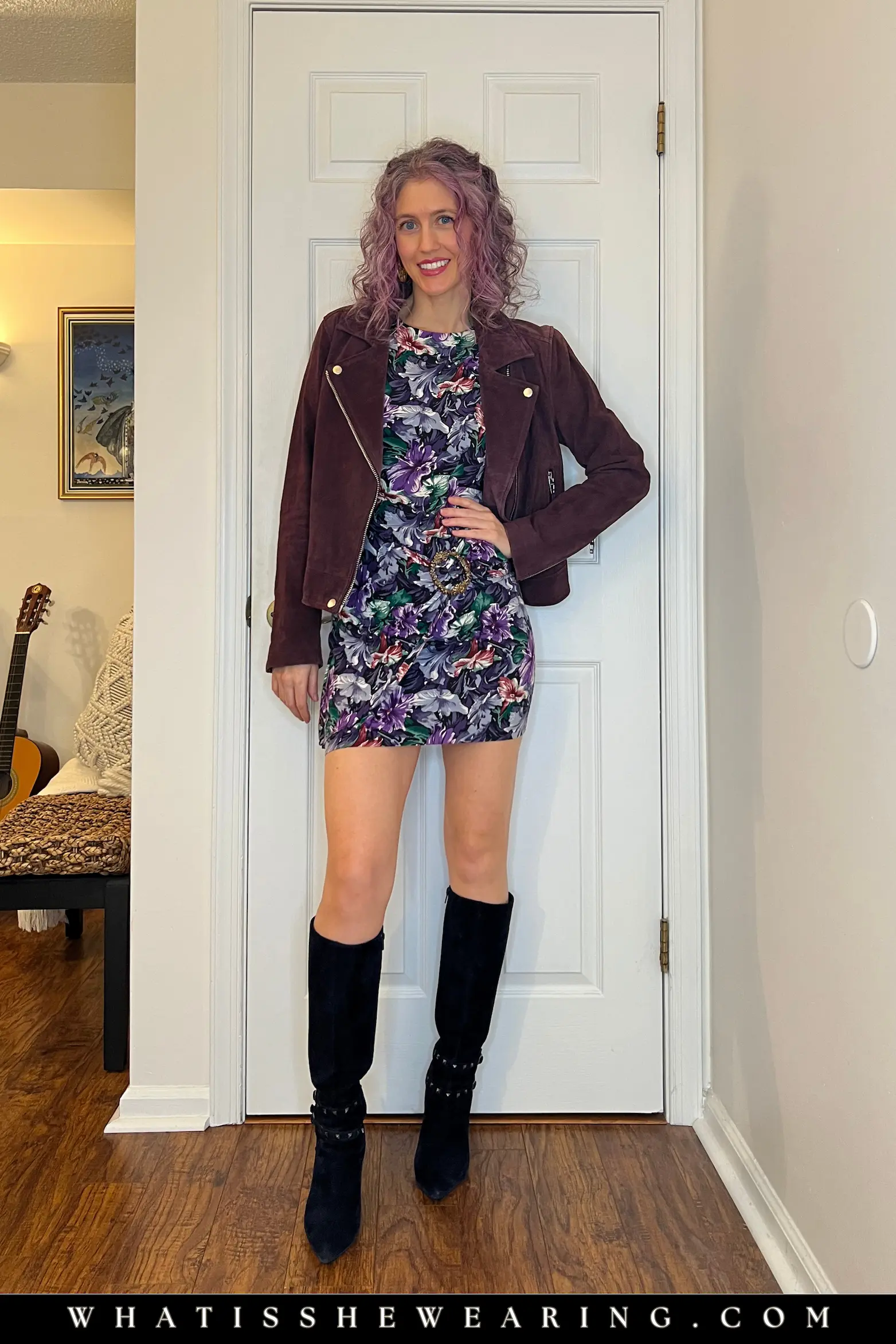 Moody Floral Dress – Chic Rooftop Bar Outfit Idea Rooftop bar outfits: dark moody floral mini dress + matching jacket and boots