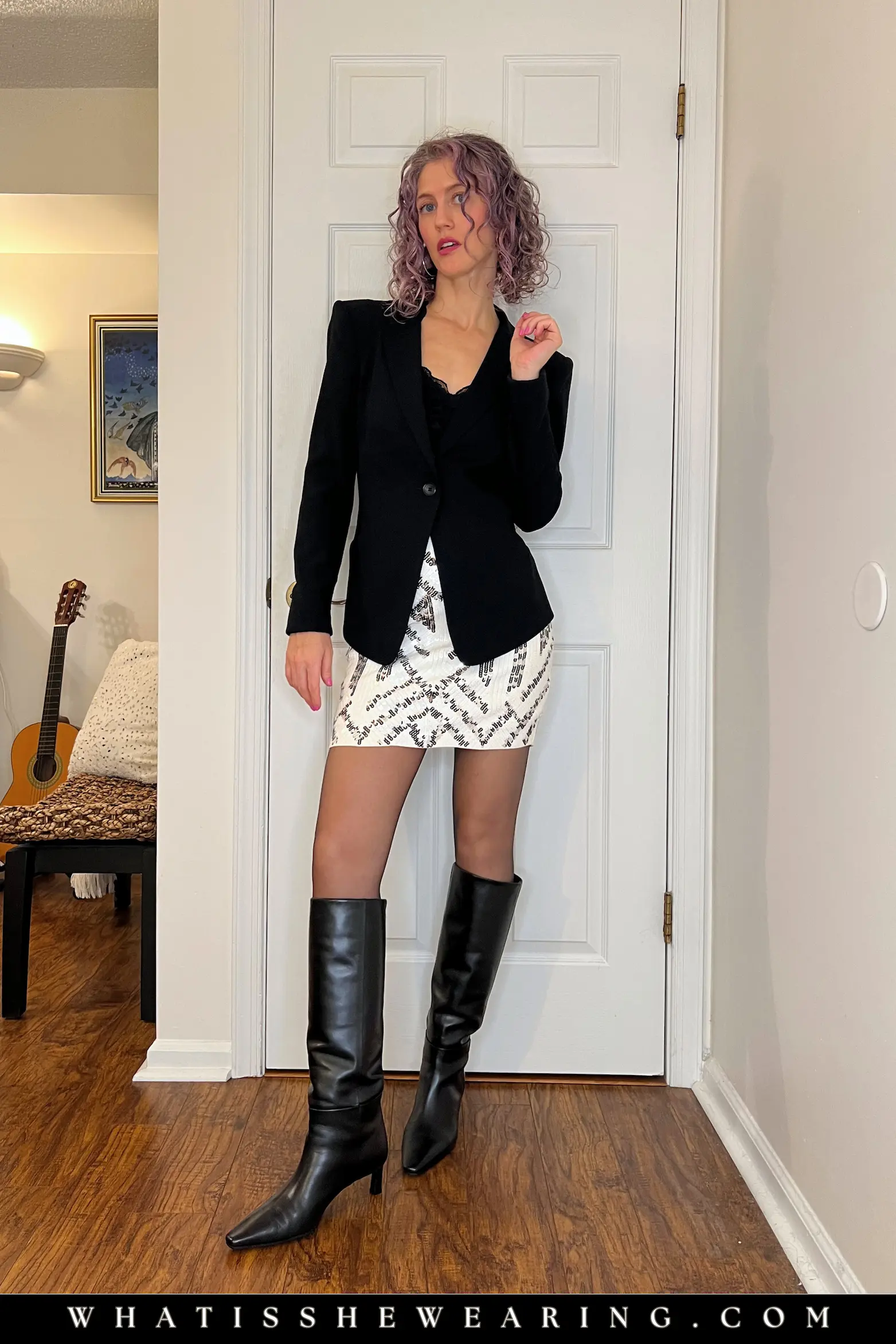 Blazer + Mini Skirt – Classy Going Out Outfit Classy bar outfits women love: blazer + sequin mini skirt + knee high boots