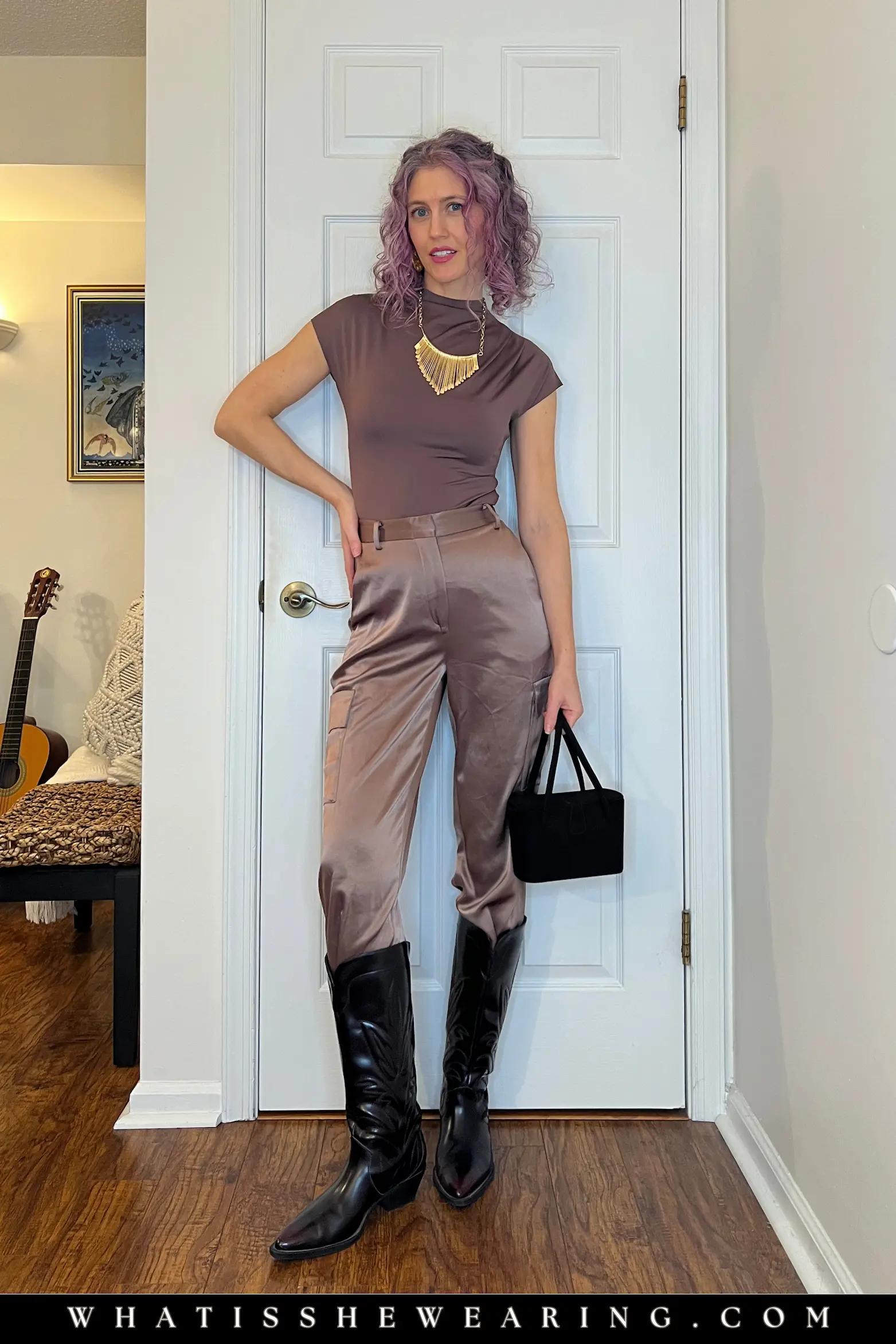Mock Neck + Satin Trousers – Sleek Lounge Bar Outfit Upscale bar outfits: fitted mock neck top + satin trousers + western boots