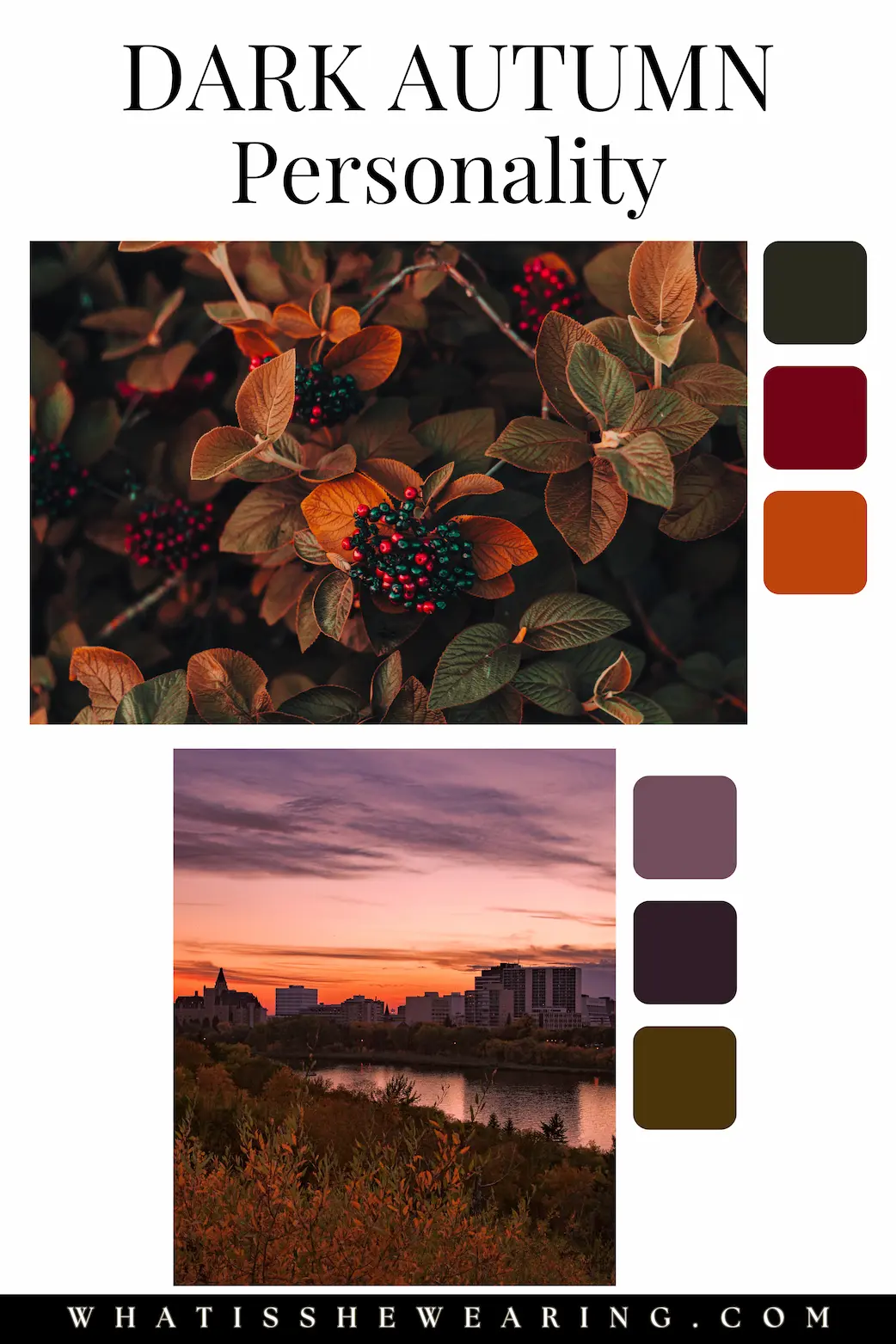 Deep Autumn Palettes: Personality Two deep autumn color palettes reflecting moody fall florals and dreamy skylines.