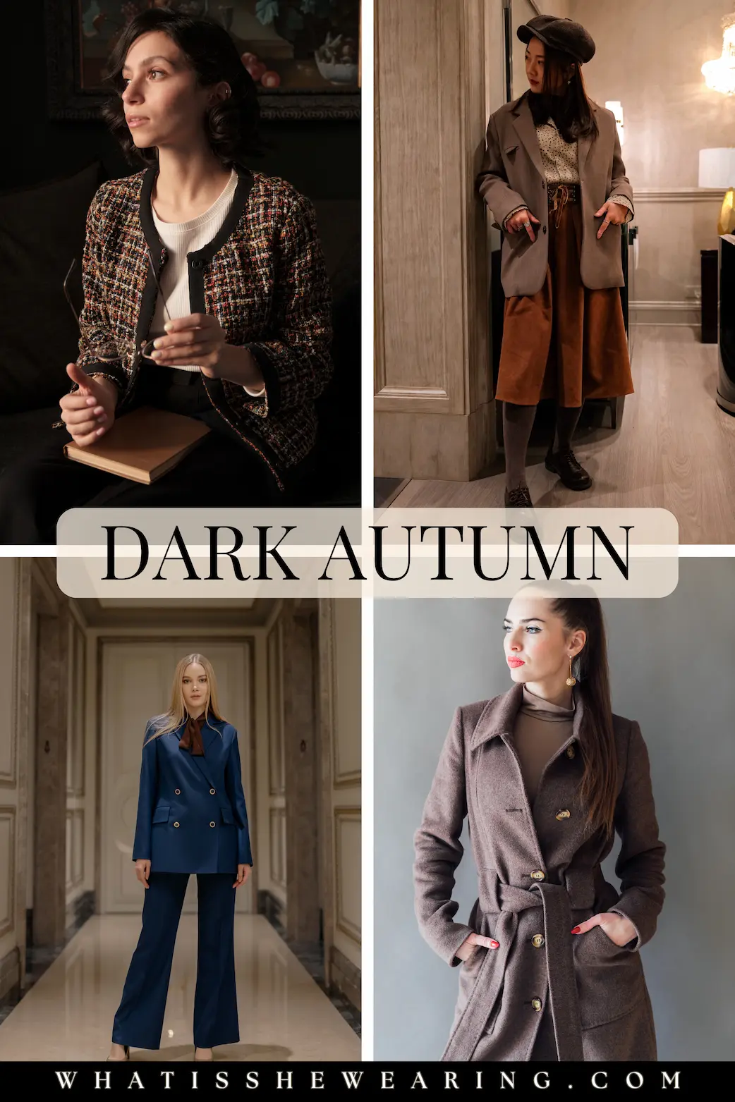 Dark Autumn Layered Looks Four women in chic layered looks featuring a deep autumn palette.