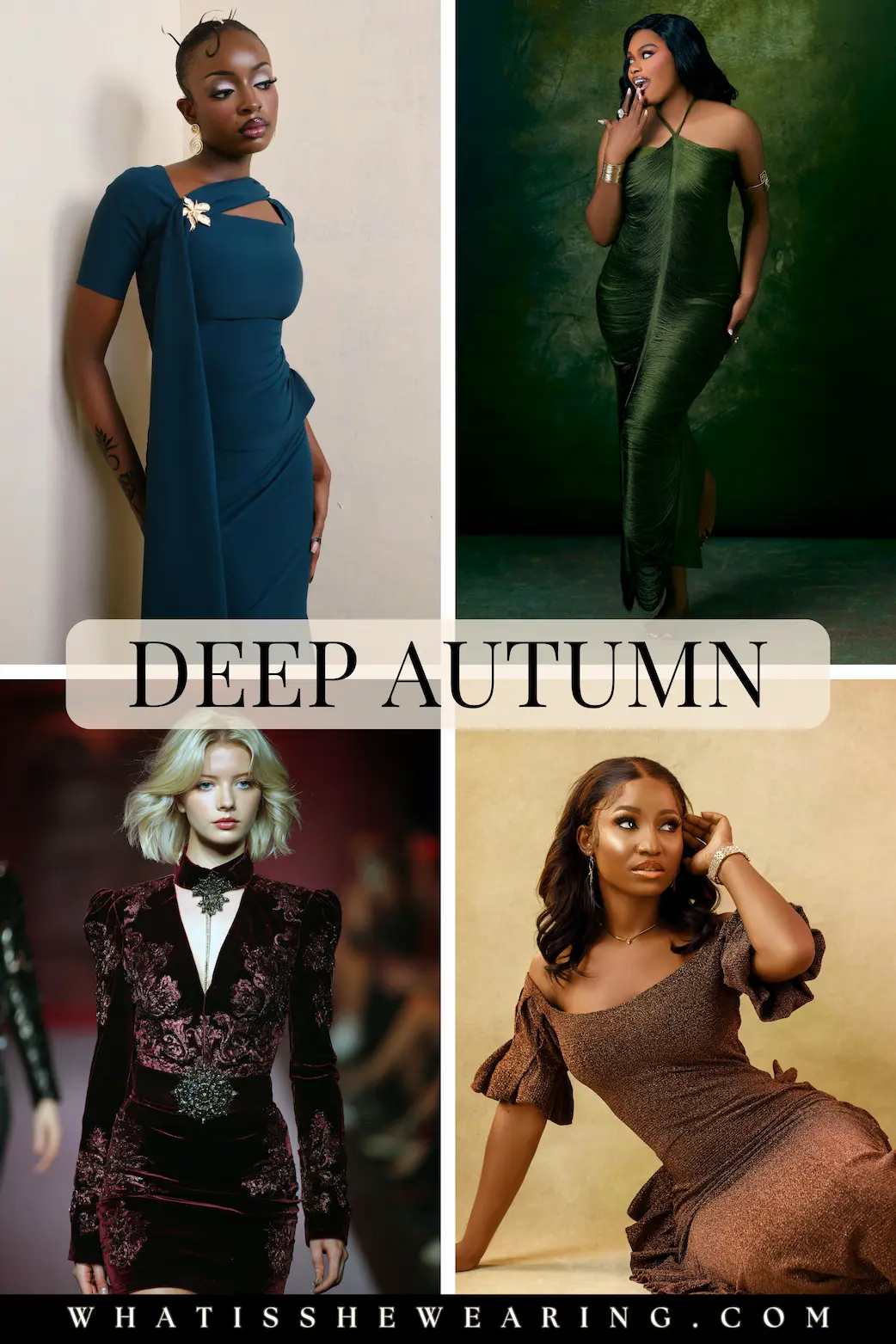 Dark Autumn Outfit Ideas: Dresses and Weddings Four women styled in moody dark autumn dresses for special occasions.