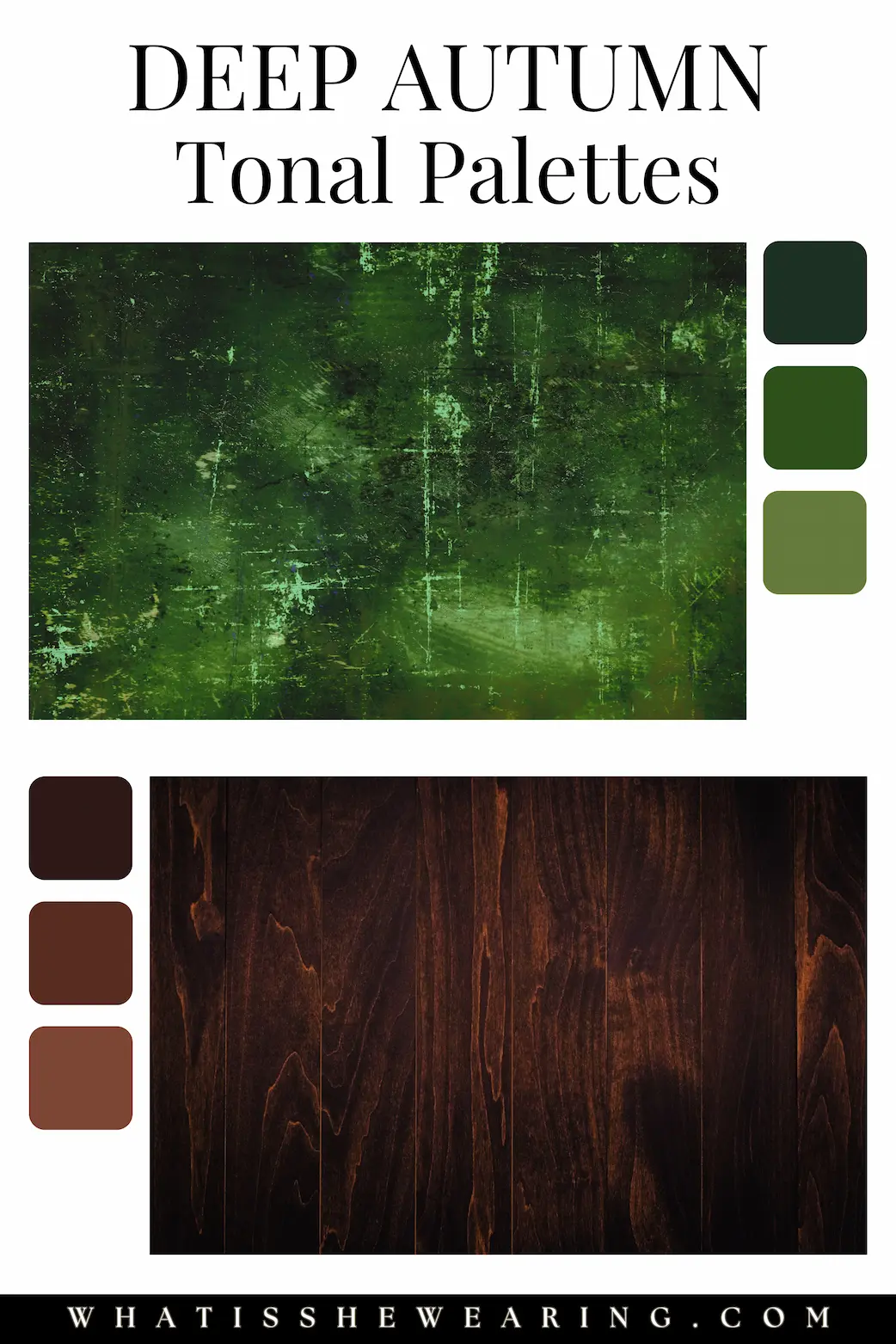 Dark Autumn Tonal Palettes Two dark autumn color palettes showcasing olive green shades and moody brown shades.