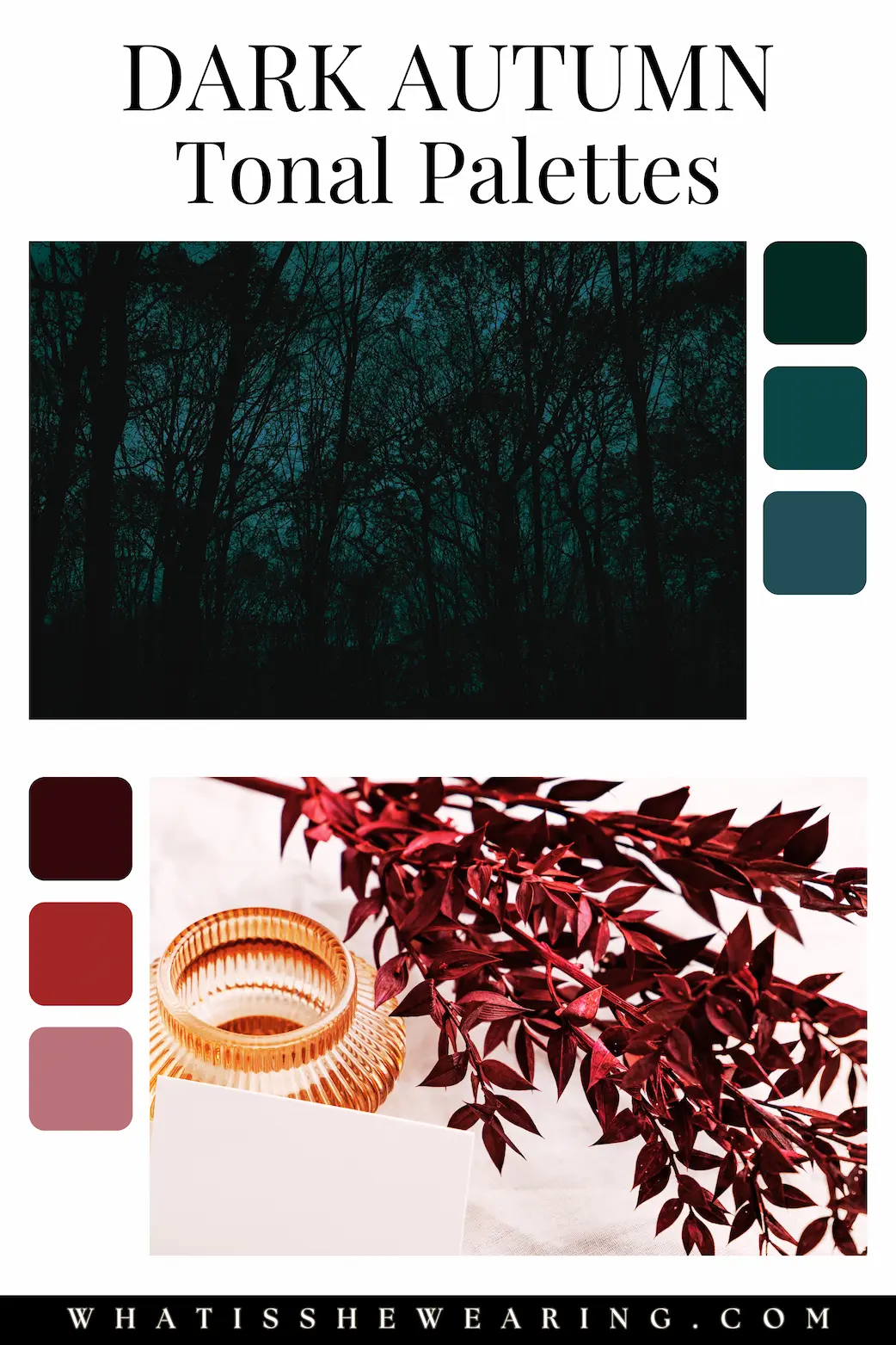 dark autumn color palette Two dark autumn color palettes showcasing dark teal shades and rich reds and pink shades.