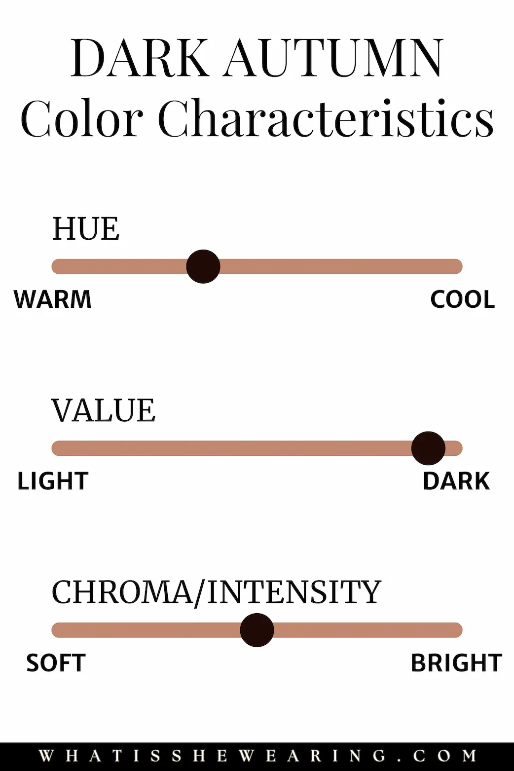 Dark Autumn Palette Characteristics A scale depicting the dark autumn color palette's hue, value, and chroma levels.