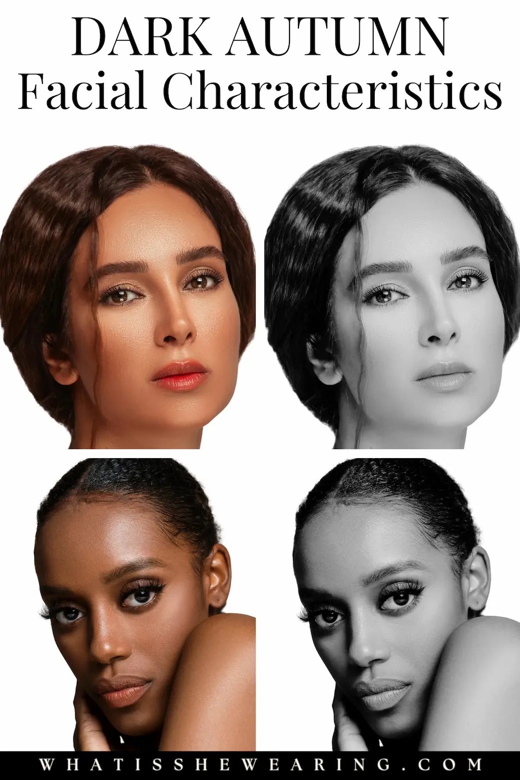 Dark Autumn High Contrast A chart depicting two dark autumn faces in full color and in grayscale, to demonstrate their high-contrast, striking appearance.