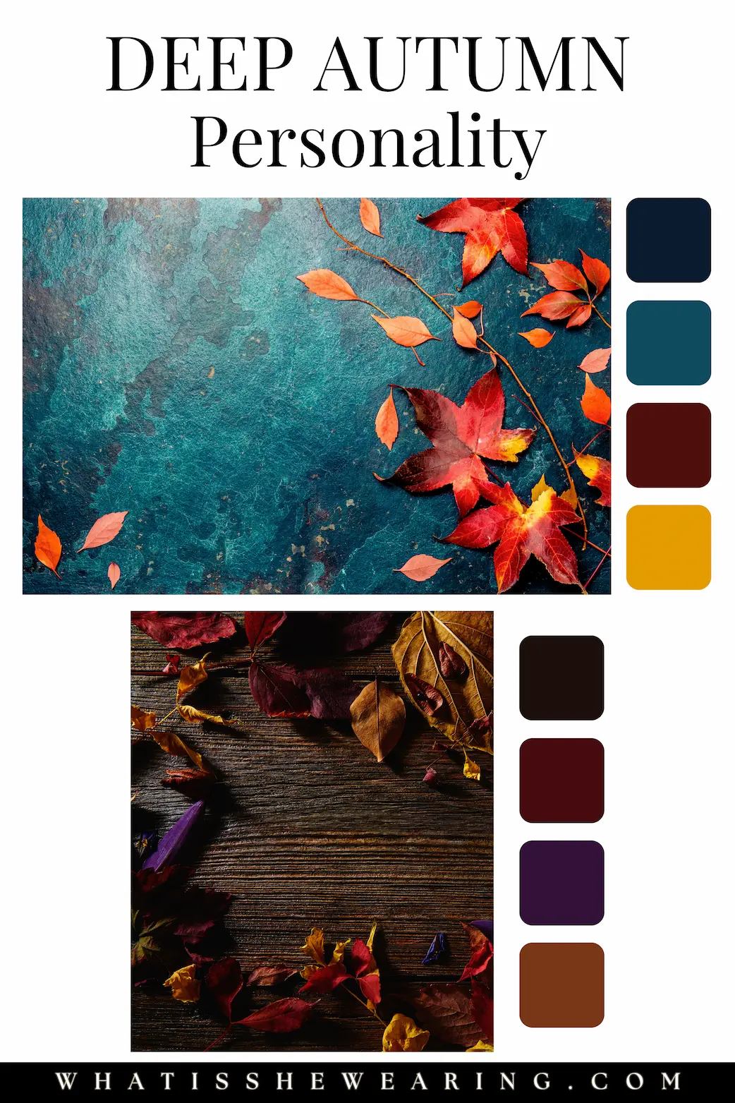 Deep Autumn Palettes: Personality Two deep autumn color palettes reflecting moody fall colors, deep skies, and fallen leaves.