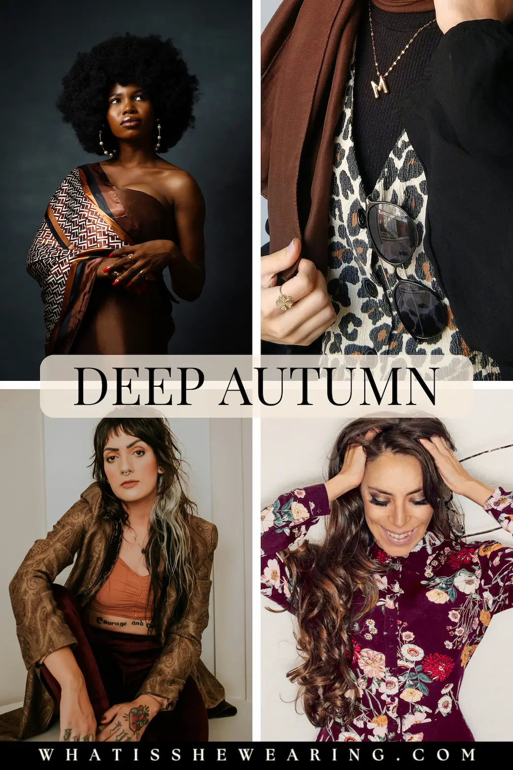 dark autumn color palette Four women styled in dark patterns for deep autumn, like leopard print, paisley, and dark florals.