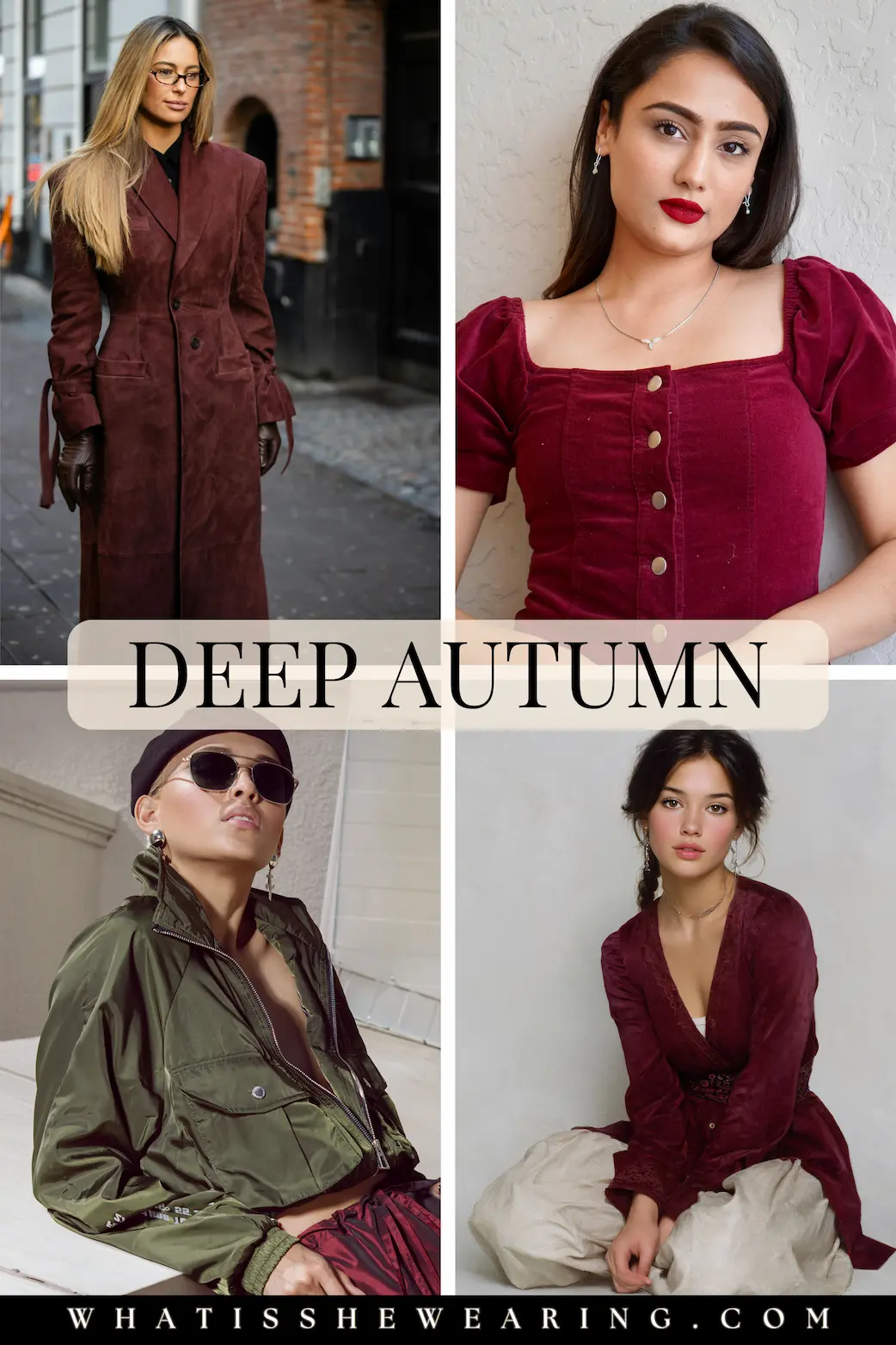 Dark Autumn: Luxe Detailing Four woman styled in deep autumn outfits with moody colors and luxe details.